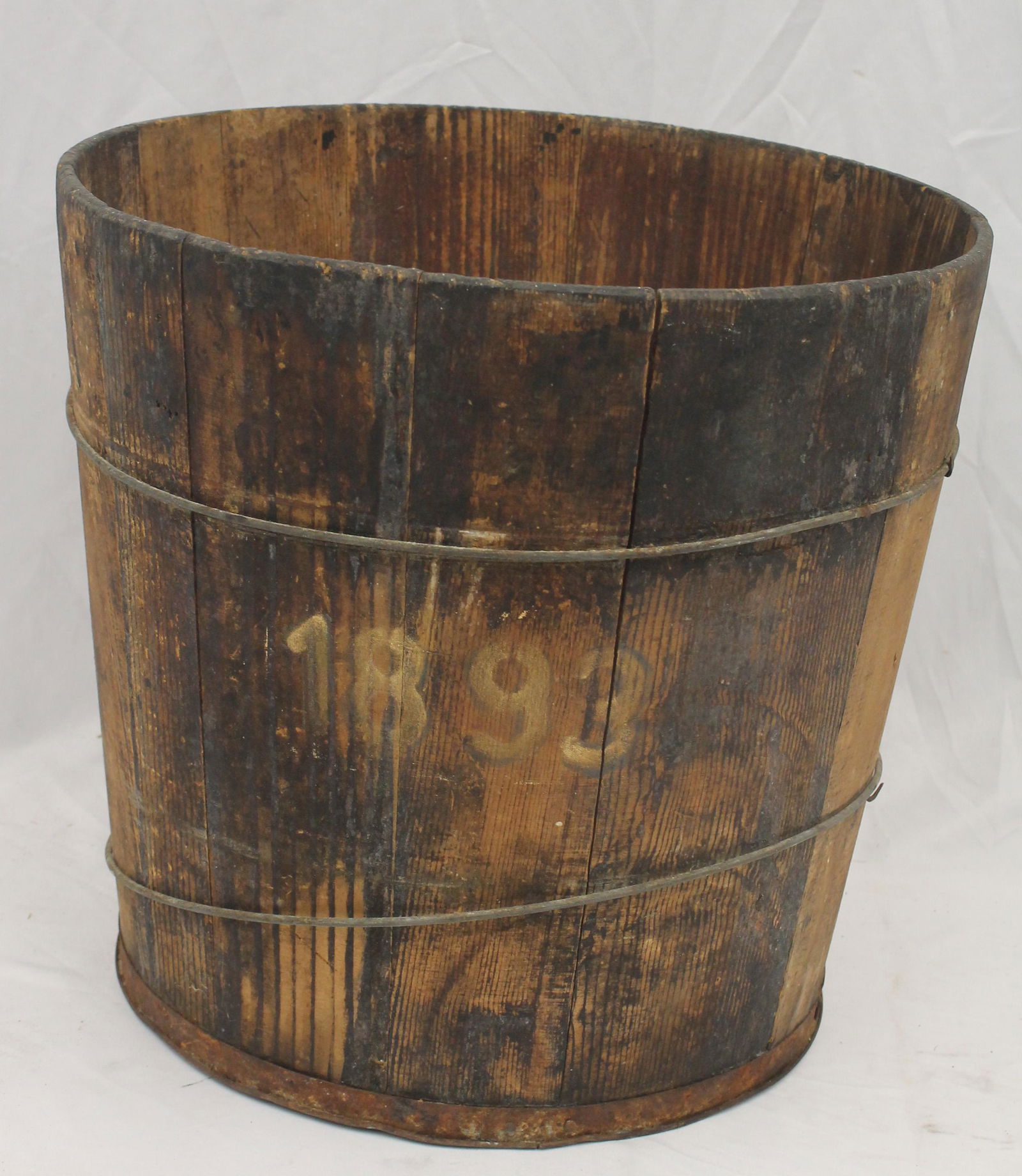 Antique wooden staved bucket w iron ring supports - 15" diam x 14 1/2" tall (1 of 6)