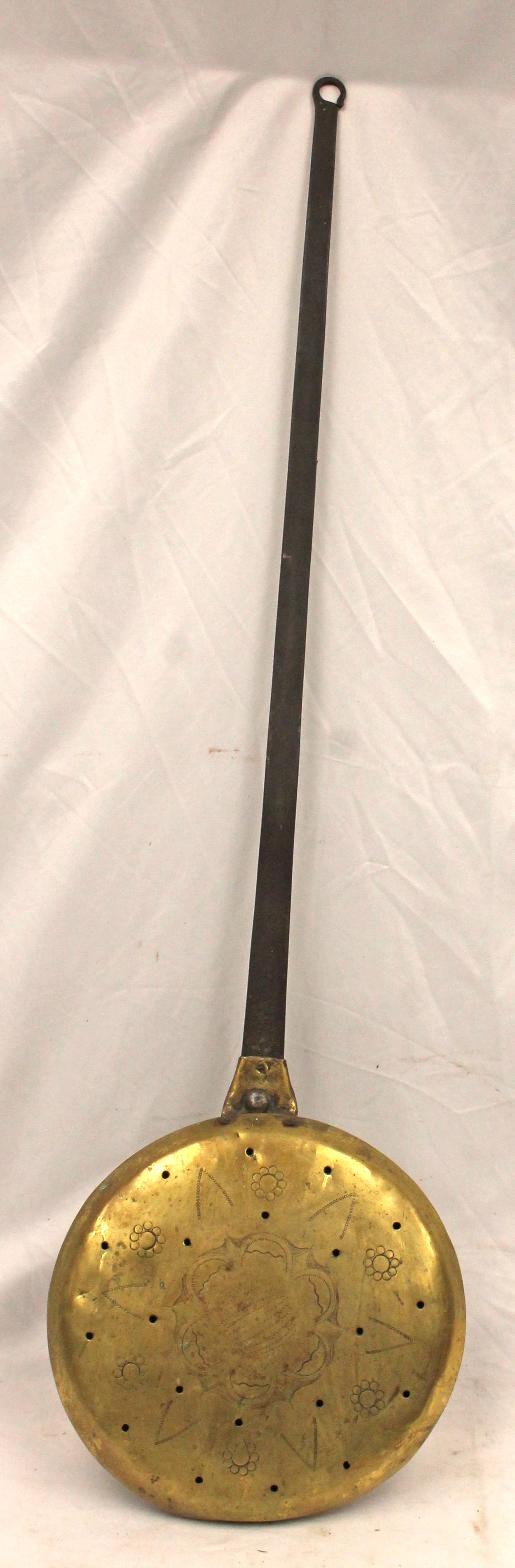 Antique iron handled bed warmer w brass pail w star dec - 12 1/2" diam x 43" long (1 of 5)