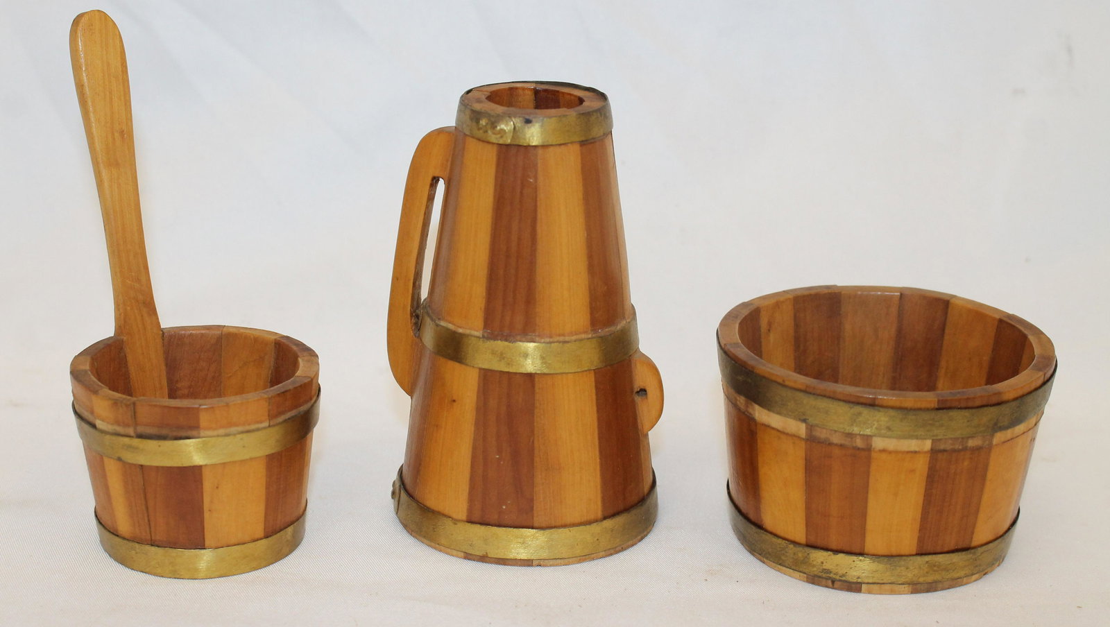 Lot of 3 miniature striated brass bound staved items incl pails, piggen - approx 2", 3" & 4" tall (1 of 7)