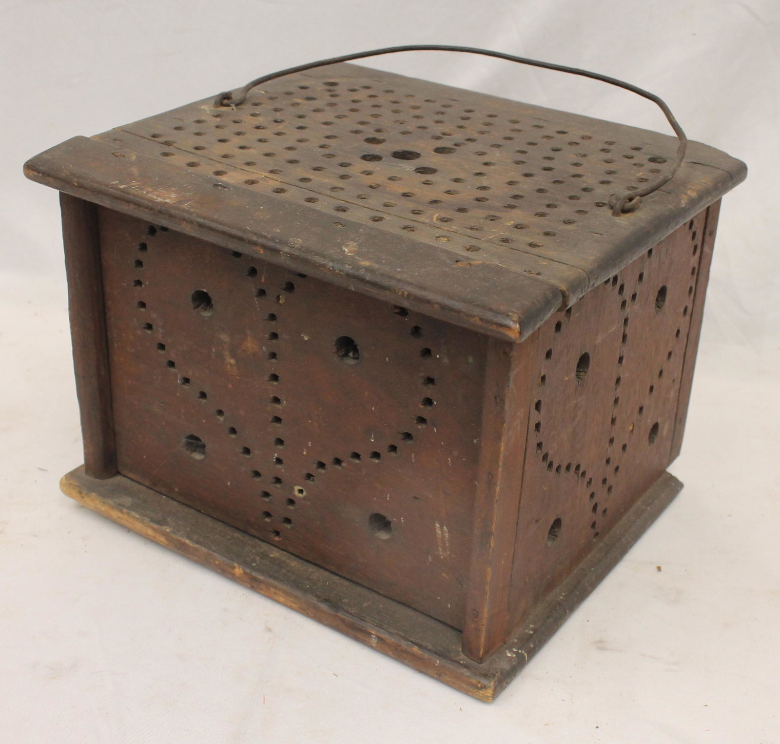 Antique wood & tin footwarmer w heart punched decoration - 7" tall x 10"x9" (1 of 5)