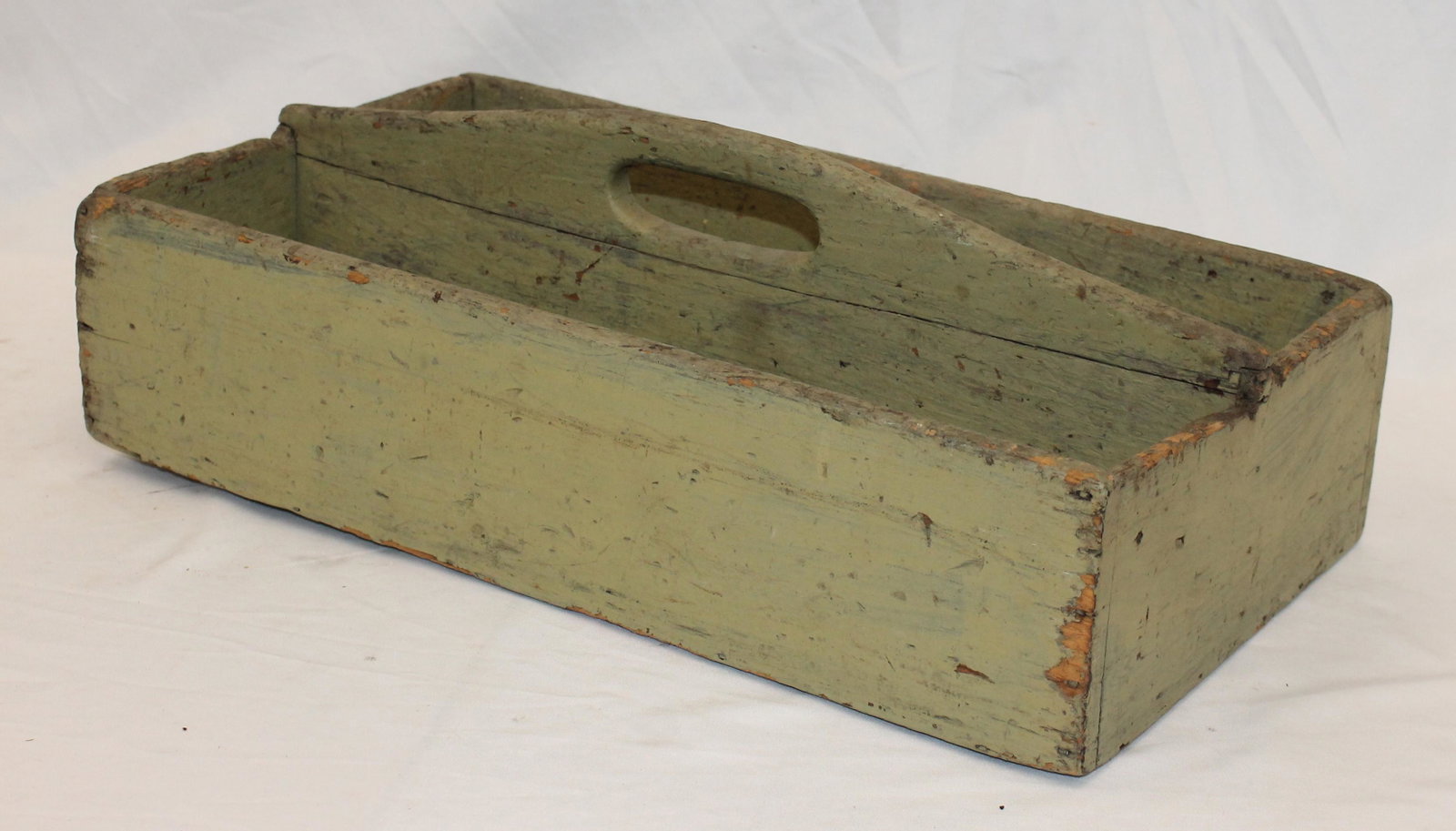 Antique wooden painted carrier in green 6" tall x 19" long x 10 1/2" wide: Antique wooden painted carrier in green 6" tall x 19" long x 10 1/2" wide
