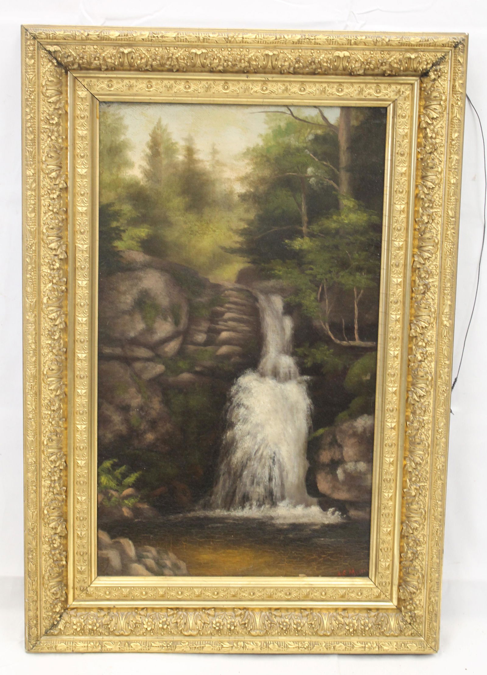 Antique o/c waterfall in forest landscape sgnd AC M? - overall framed size 31"x21" (1 of 6)