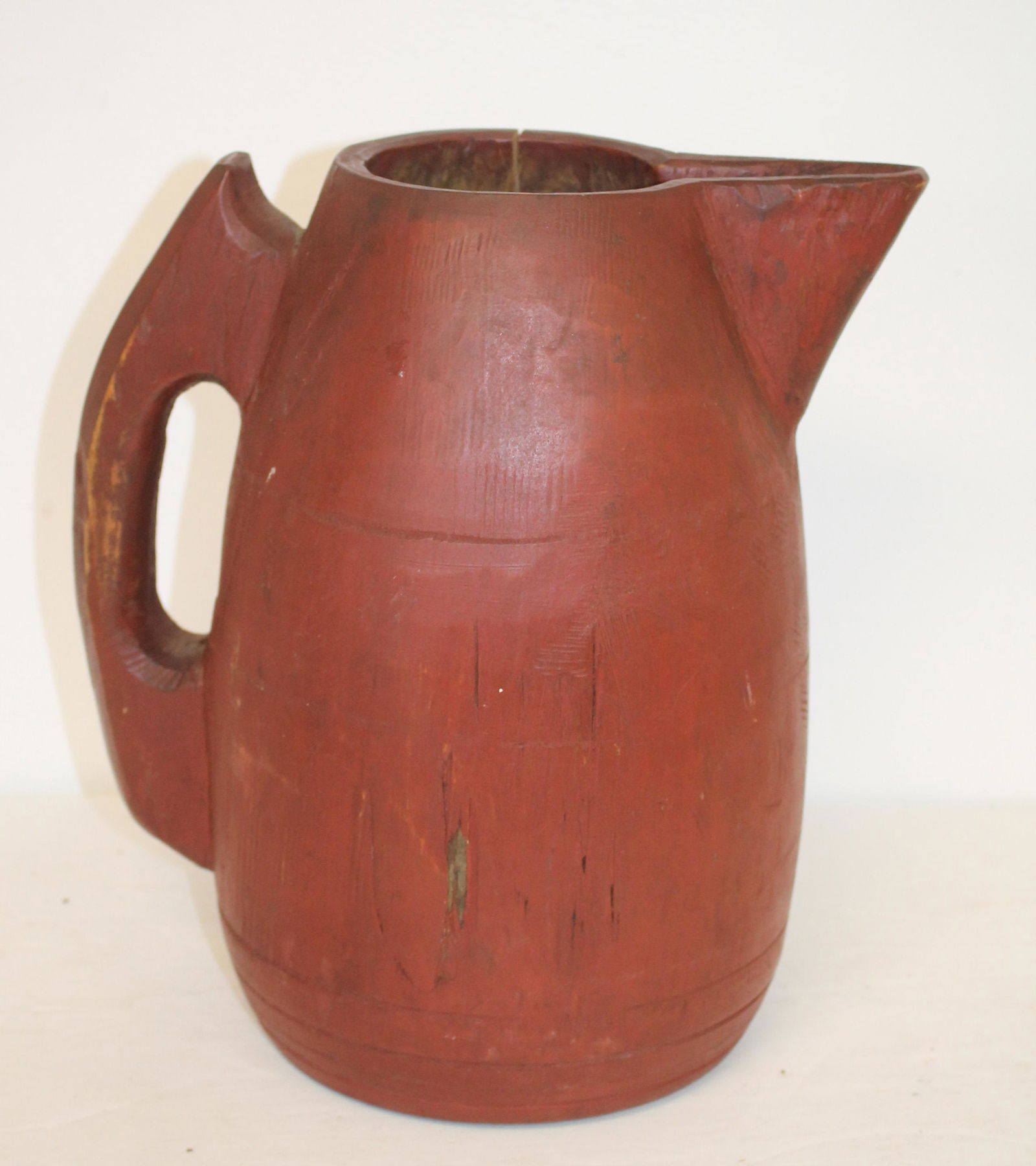Late 18th/early 19thC carved wooden ewer in red paint - 12" tall (1 of 5)