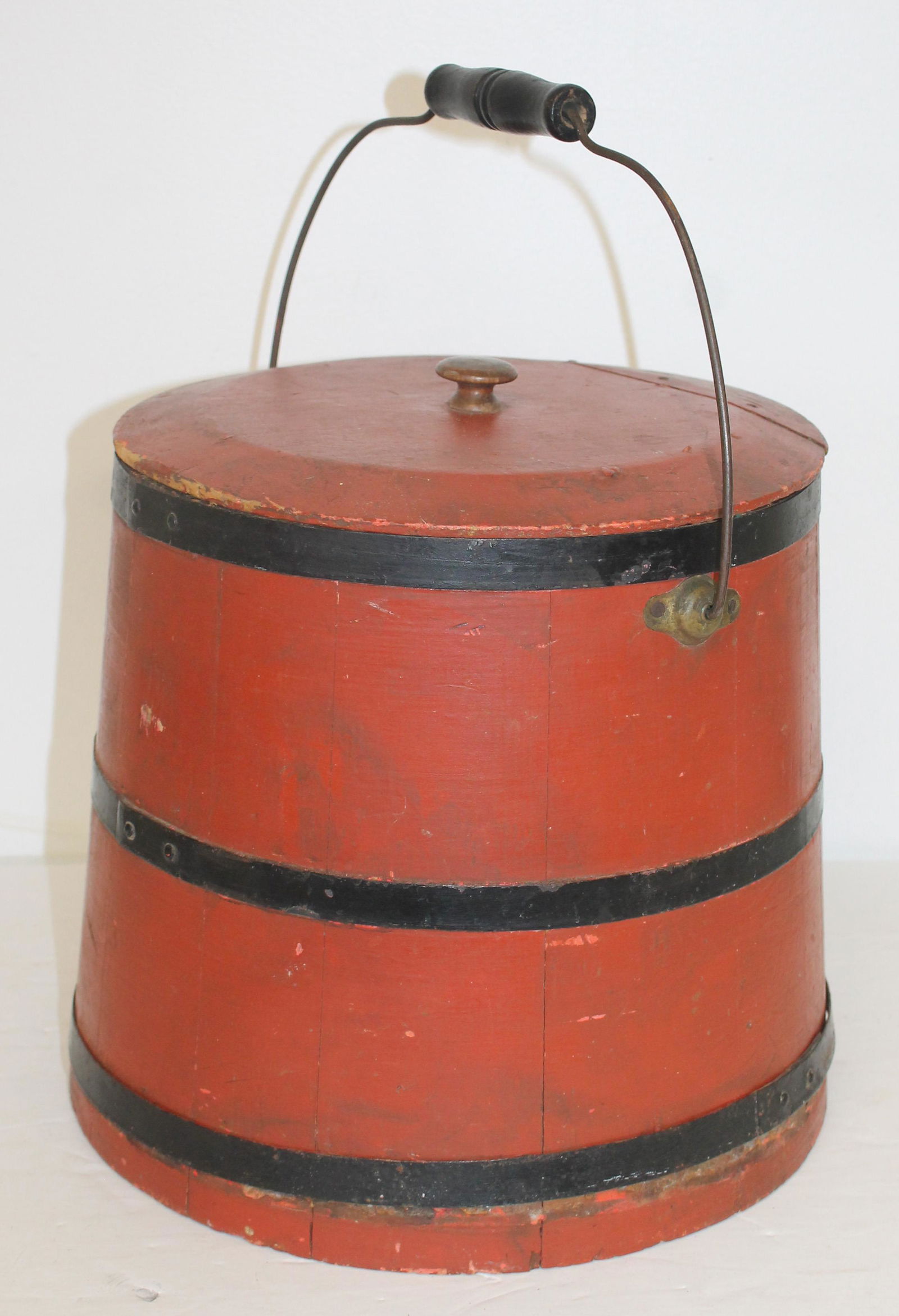 Antique covered firkin bucket in salmon paint - 11" tall (1 of 5)