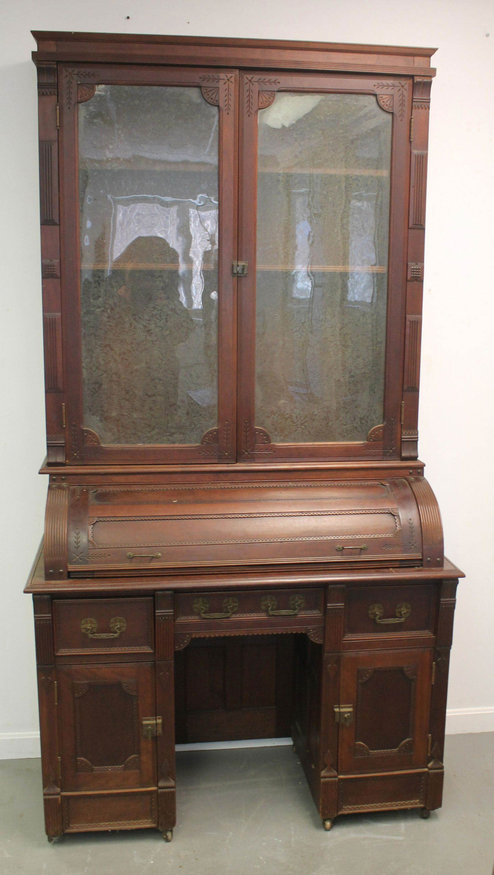 Victorian cherrt cylinder bookcase desk w etched frosted fern dec glass upper doors - approx 86" (1 of 11)
