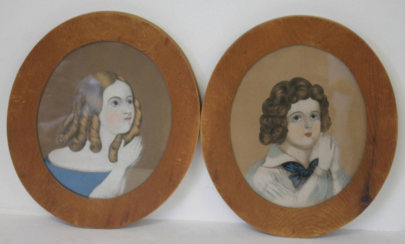 Pair of 19thC w/c portraits of children titled on verso "Morning Prayer" - from Ingerson Farm (1 of 5)