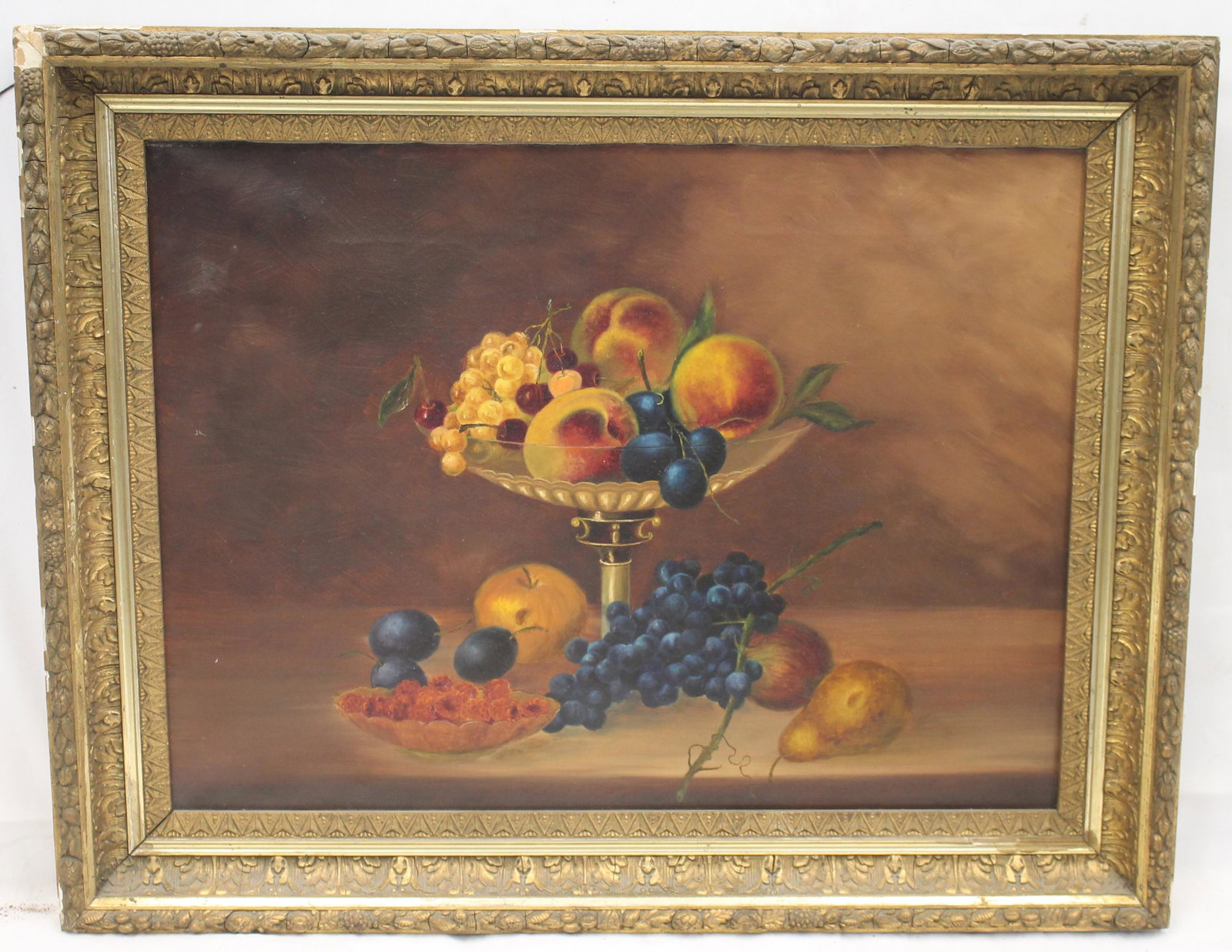 Antique o/c still life with compote & bowl of fruit on a table - overall framed size 23 1/2"x28": Antique o/c still life with compote & bowl of fruit on a table - overall framed size 23 1/2"x28"