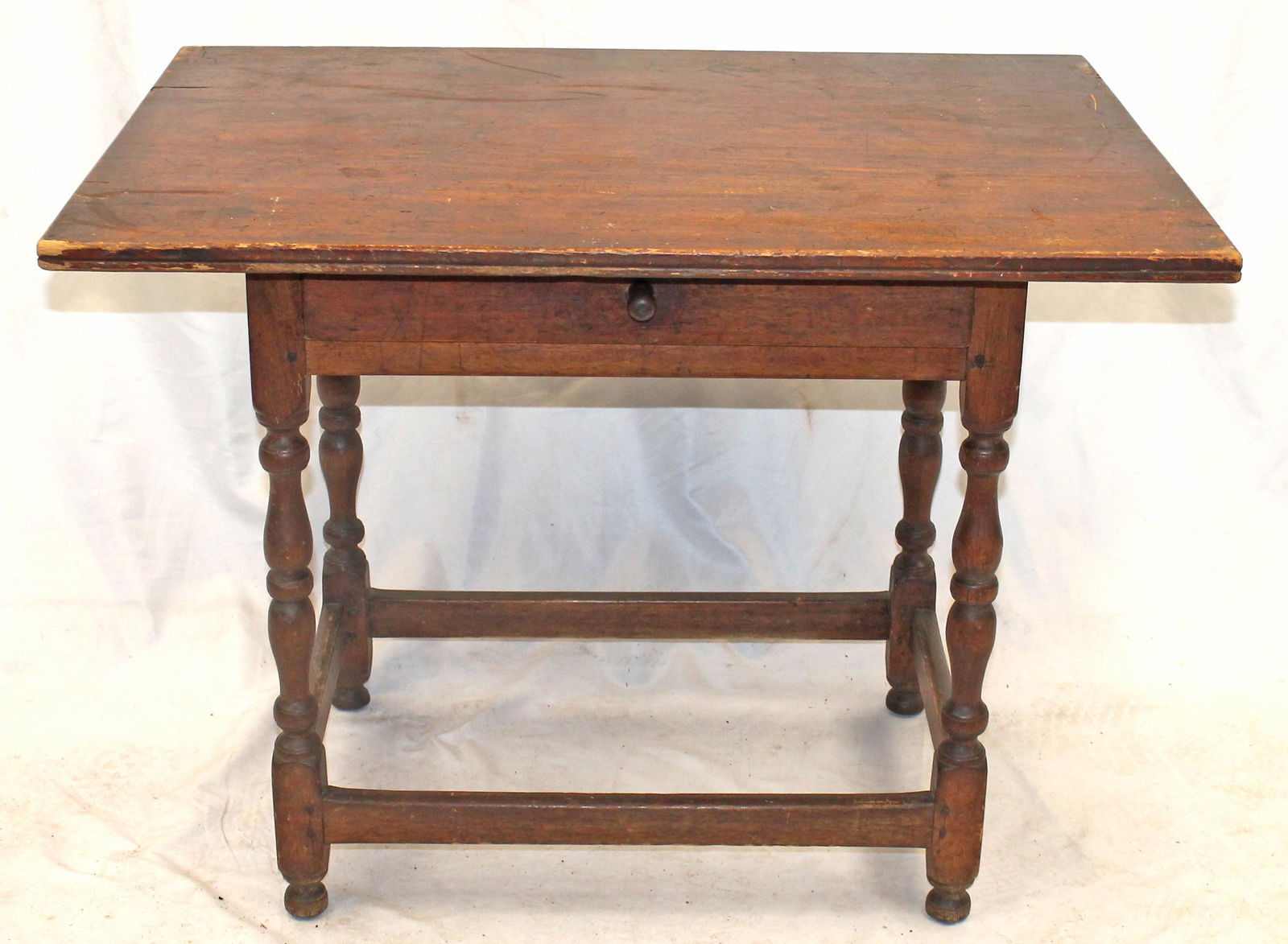 Antique 1 drawer work table w stretcher base - 25" tall x 34 1/4" wide x 24 1/4" deep (1 of 6)