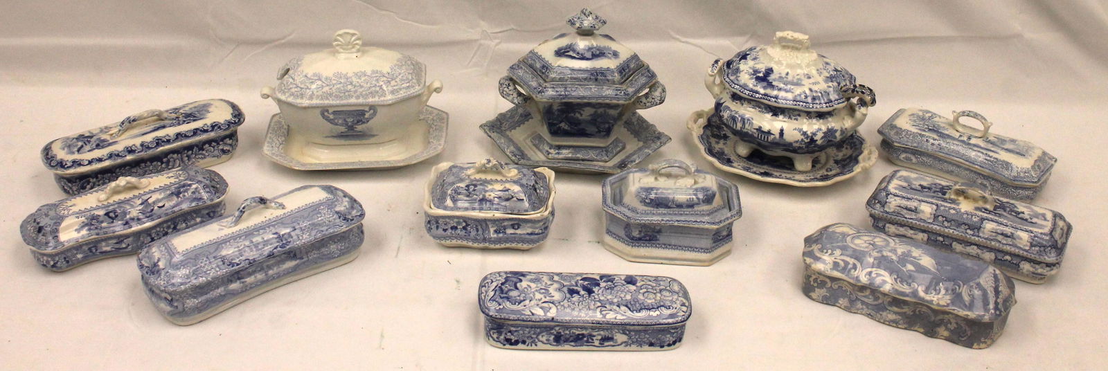 Large lot of 12 pcs antique blue & white porcelain incl toothbrush holders, soap holders & gravy's w (1 of 8)