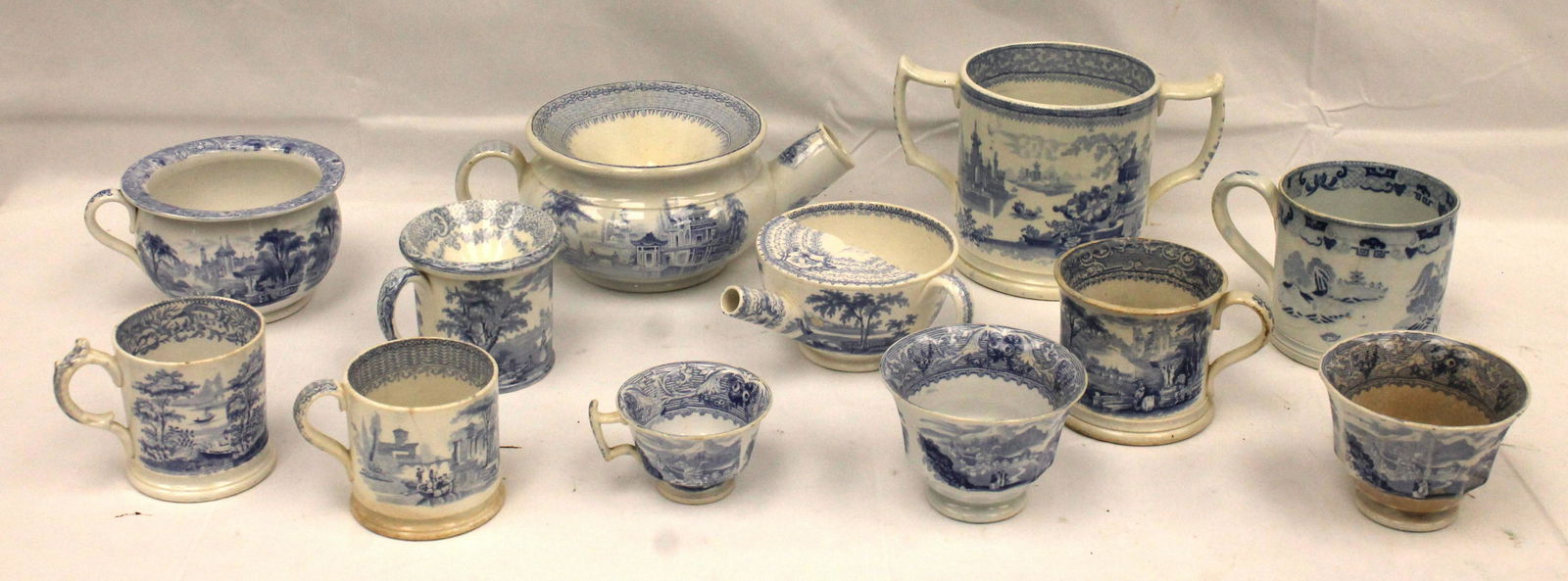 Large lot of 12 pcs antique blue & white porcelain incl cups, mugs, invalid feeders, spittoon, etc (1 of 7)