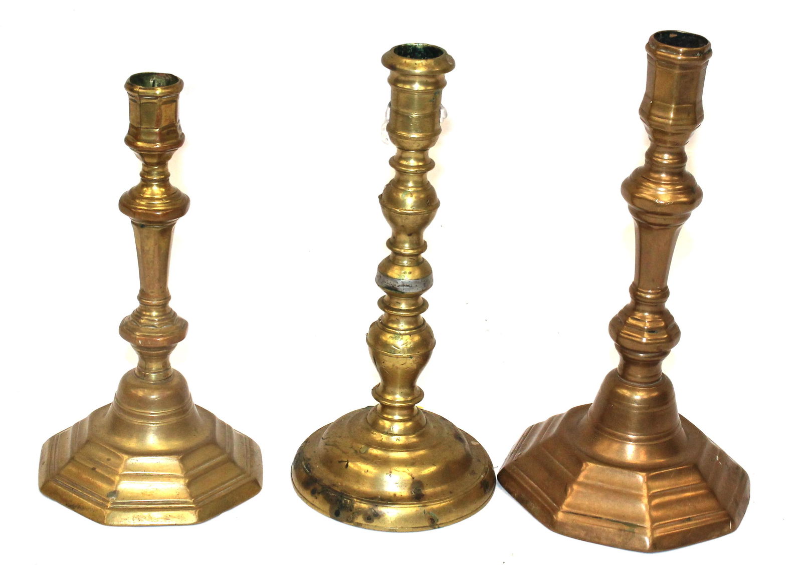 group of 3 antique brass candlesticks - 8"-9 1/2" tall (1 of 2)