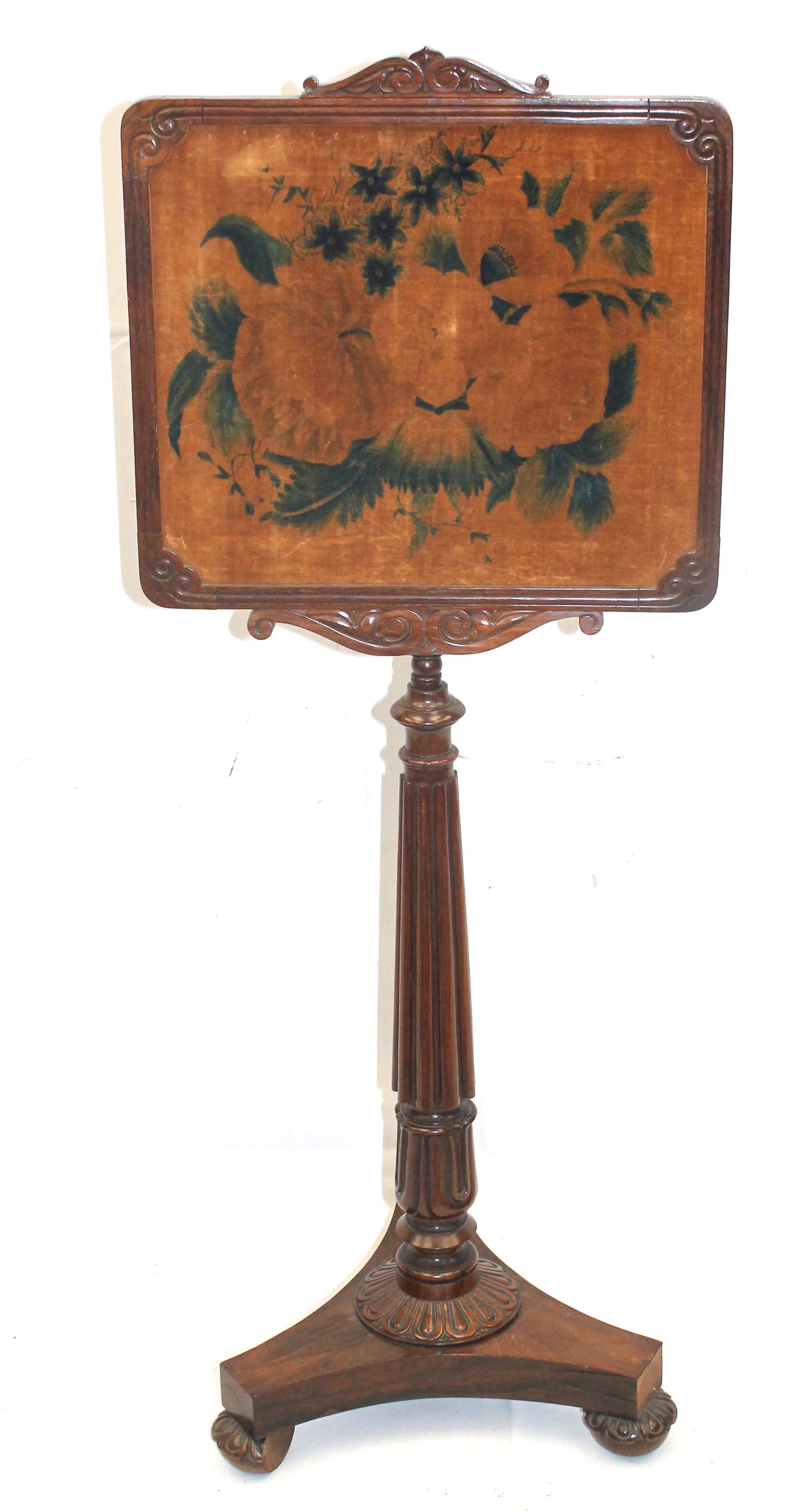 Victorian fire screen w theorem screen w flowers & needlework dove on back side - 42" tall x 16" (1 of 4)