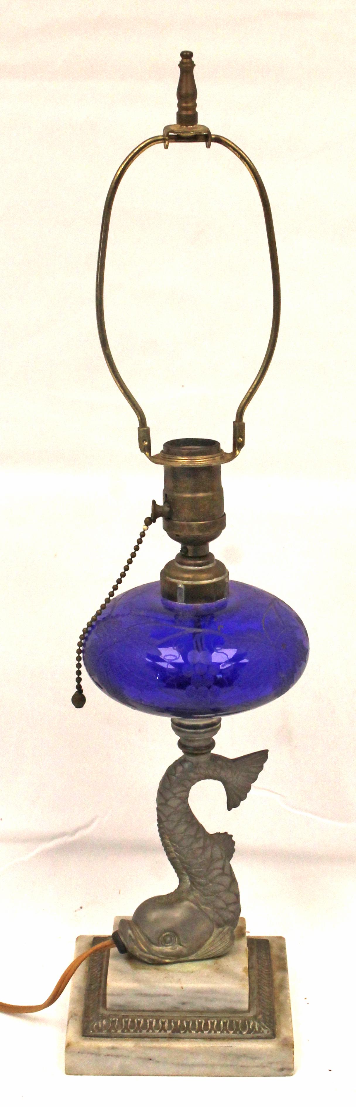 Attrib Pairpoint dolphin on marble base lamp w cobalt glass center - approx 14" to top of socket (1 of 5)