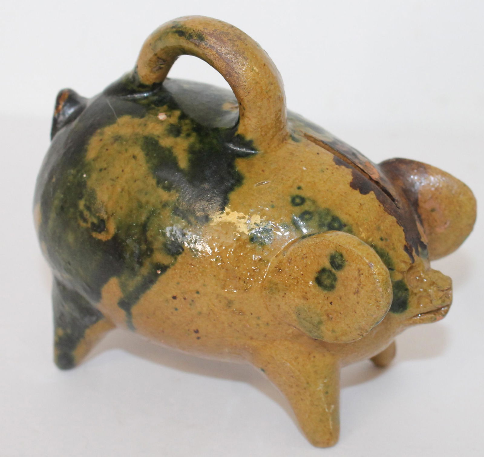 Antique redware pig bank with mottled yellow & green glaze - possibly Moravian style - 4 1/2" tall x (1 of 6)