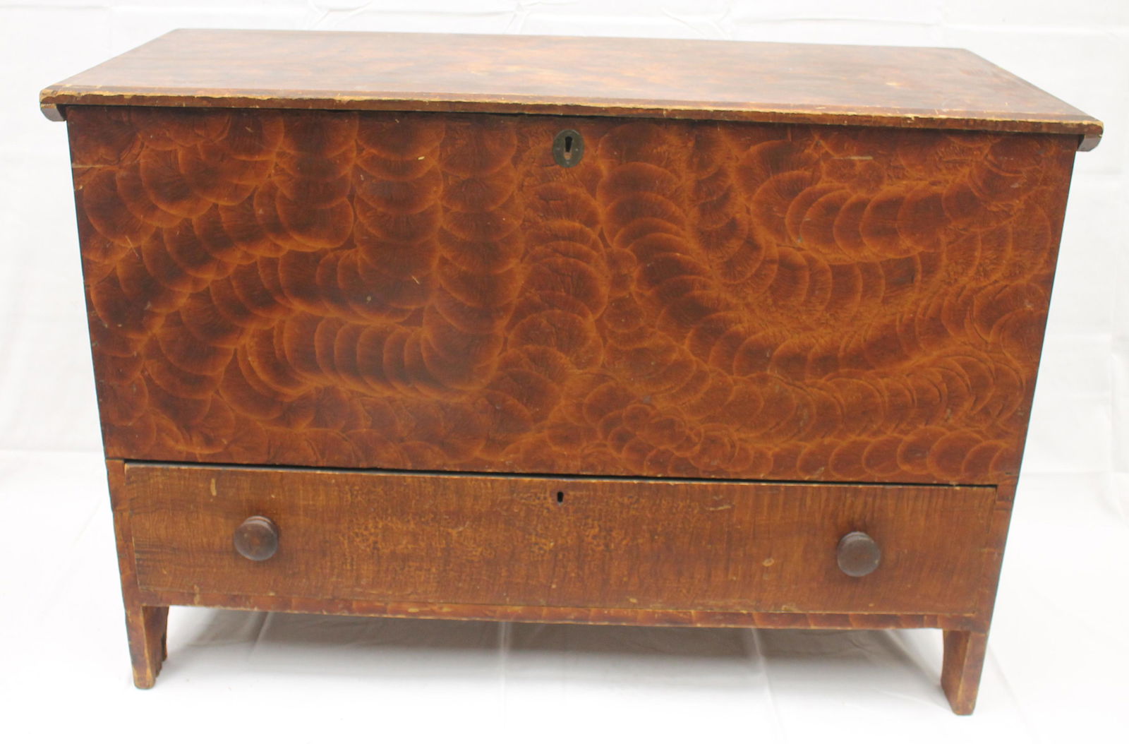 Antique 1 drawer grain painted blanket chest w bootjack ends - 29" tall x 42 1/2" wide x 18" deep (1 of 6)