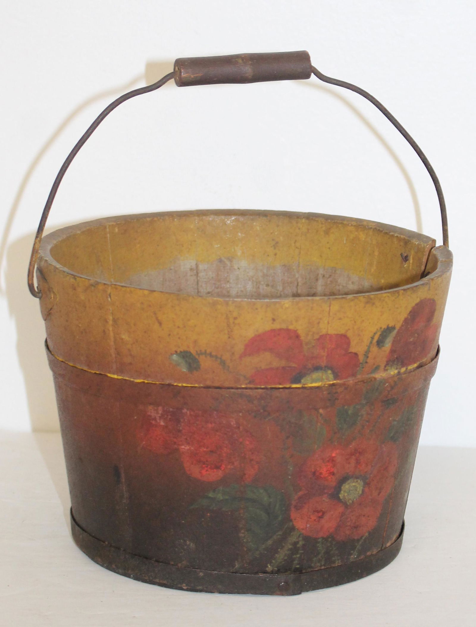 Small antique shaker bucket w bail handle & floral painted decoration - 6" tall x 7 1/4" diam (1 of 7)