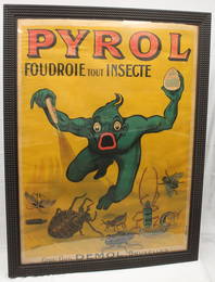 Fantastic ca 1925 Pyrol, Foudroie Tout Insecte vintage poster in Tramp Art Style wooden frame -