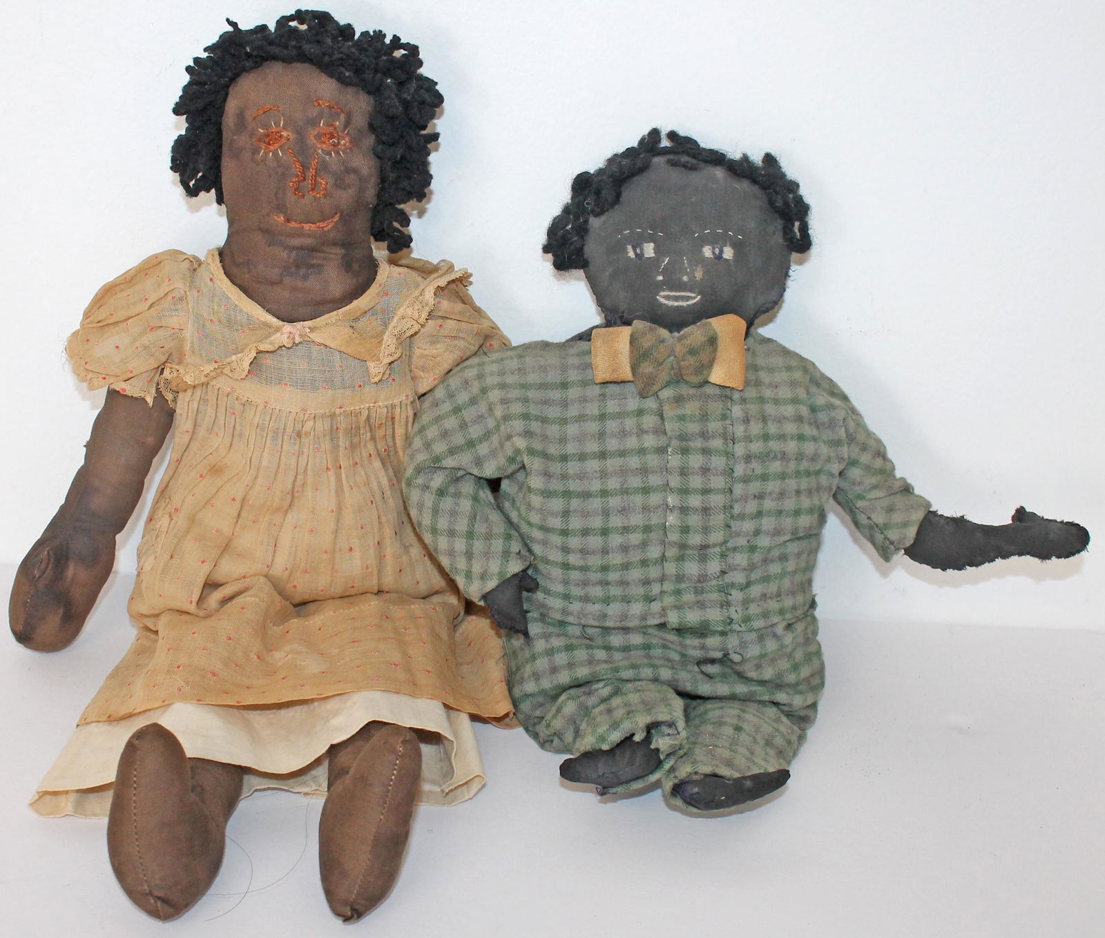 Lot of 2 antique African American rag dolls w sewn facial features incl a 14" male in blue checked (1 of 7)