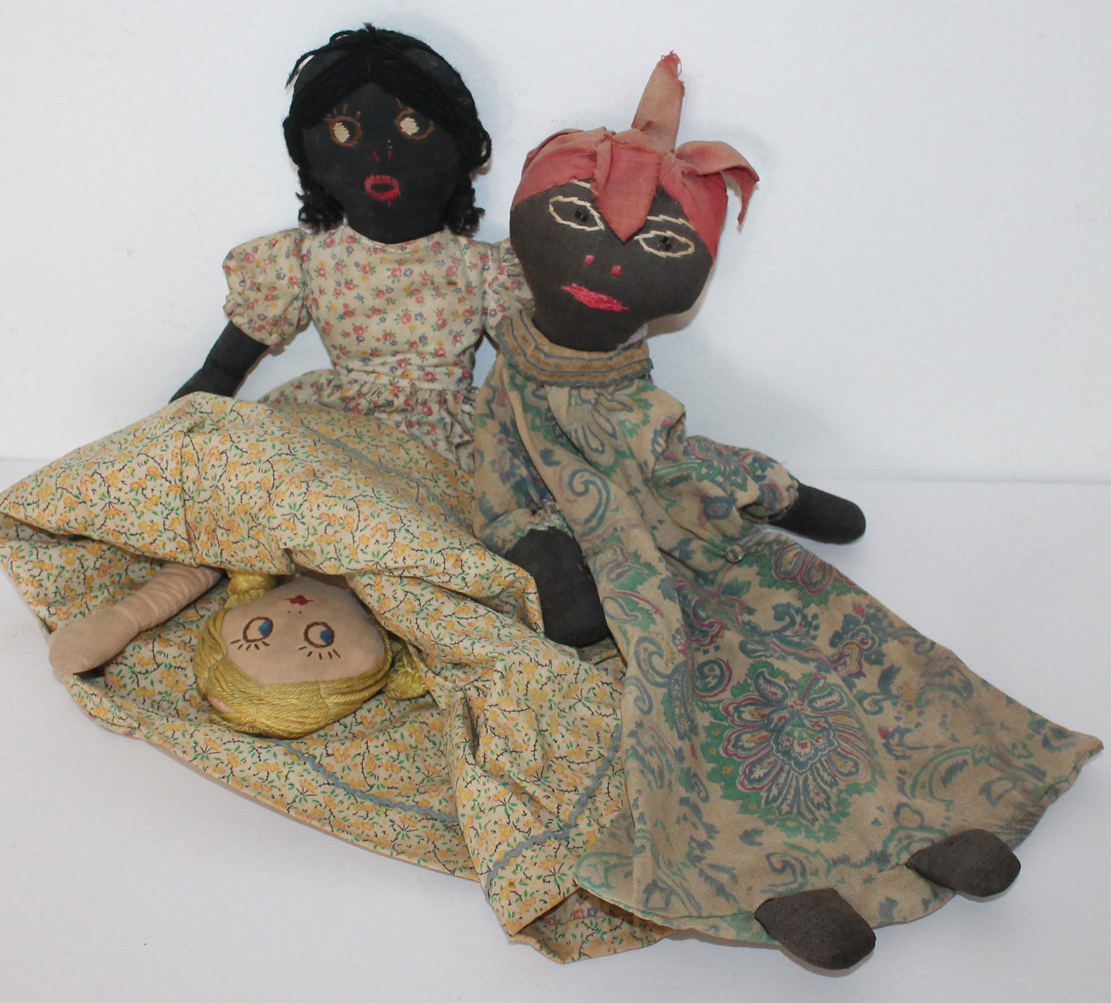 Lot of 2 antique African American rag dolls incl a 14" topsy turvy & an unstuffed 14" w sewn facial (1 of 9)