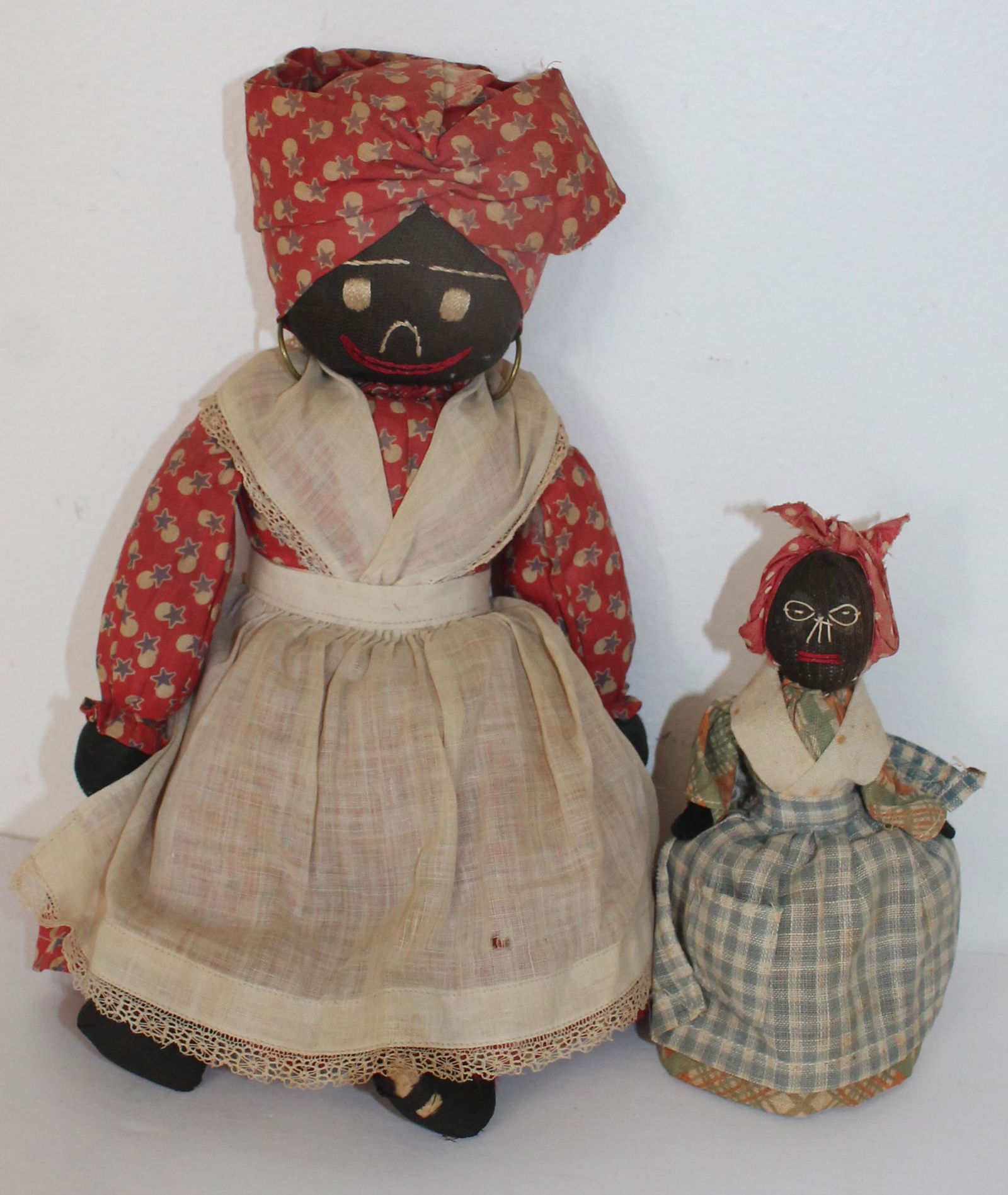 Lot of 2 antique African American rag dolls w stocking faces - 10 1/2" & 6" (1 of 5)