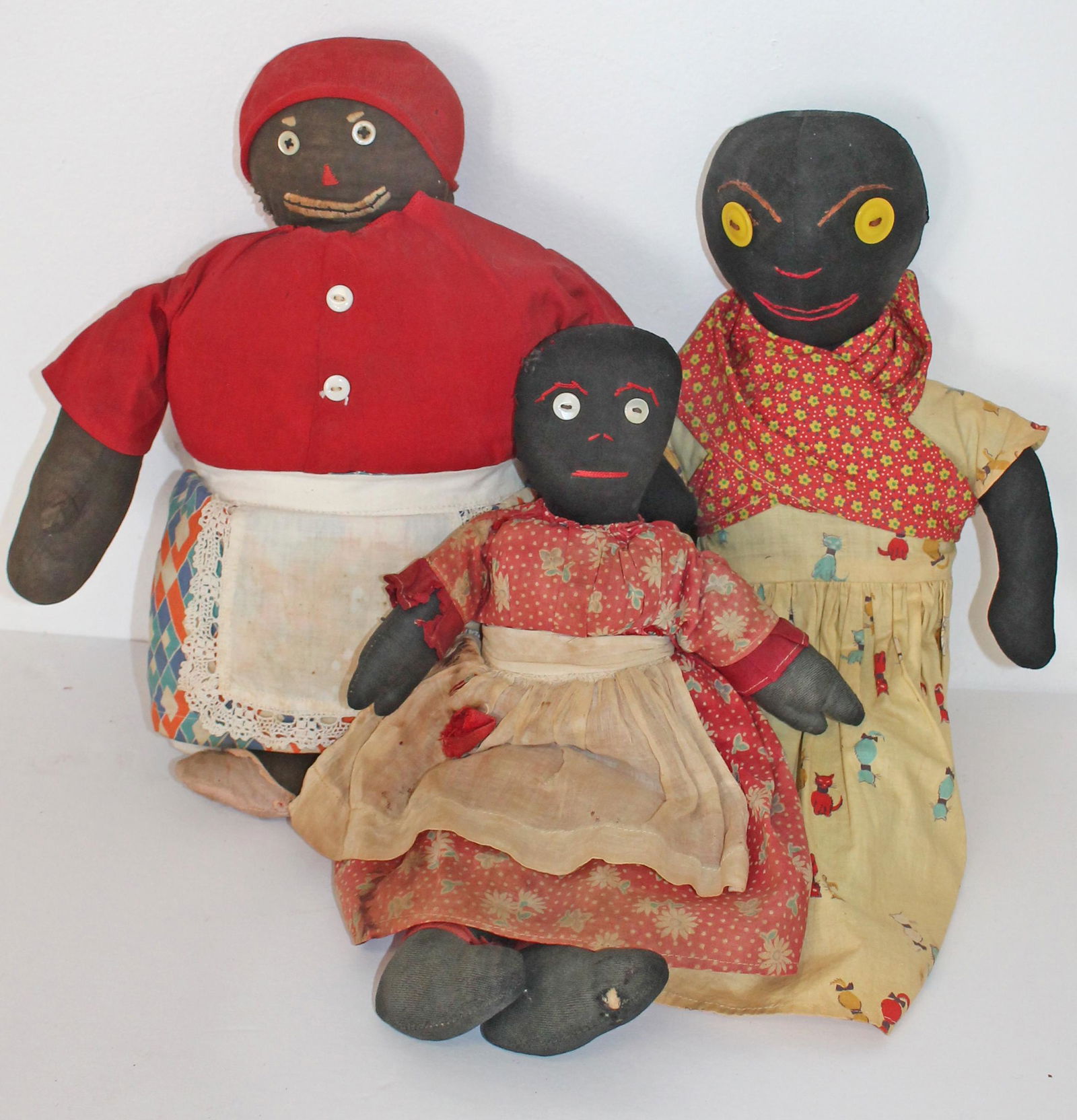 Lot of 3 antique African American rag dolls w button eyes - 13", 14" & 15" (1 of 7)