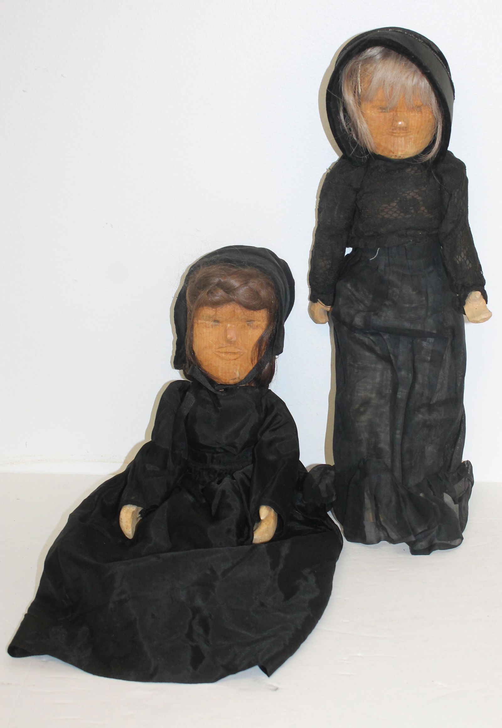 Lot of 2 carved wooden folk art dolls - 1 sgnd C. Hatch #31 - 17 1/2" & 19" tall (1 of 8)