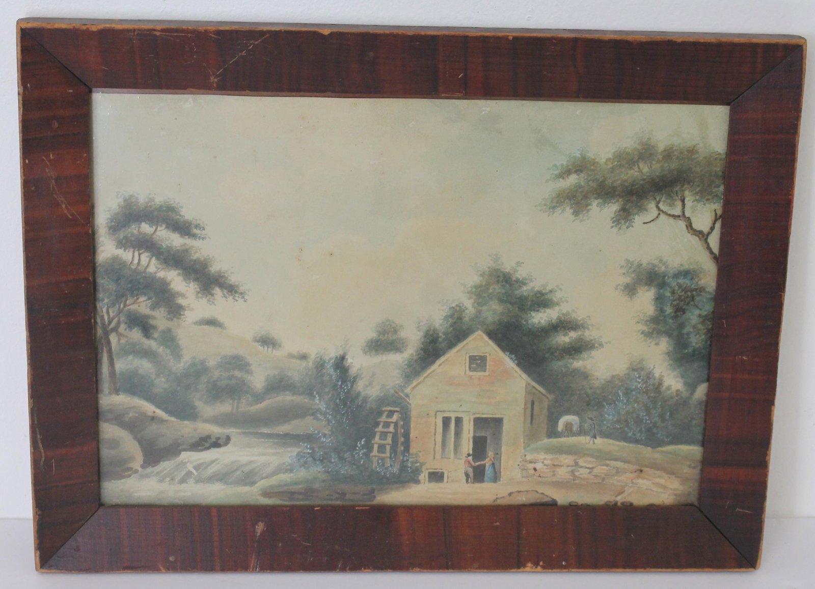 Antique w/c mill scene w water wheel & waterfall w figures & wagon - overall framed size 12 1/4"x16: Antique w/c mill scene w water wheel & waterfall w figures & wagon - overall framed size 12 1/4"x16 1/2"