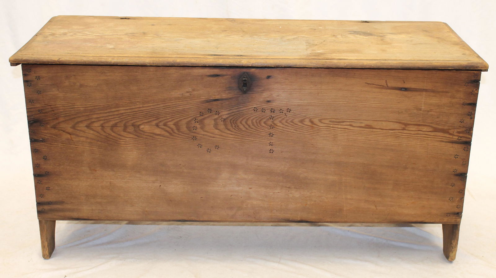 17thC primitive blanket chest w bootjack ends, snipe hinges, carved/branded floral dec & etched "CT" (1 of 9)