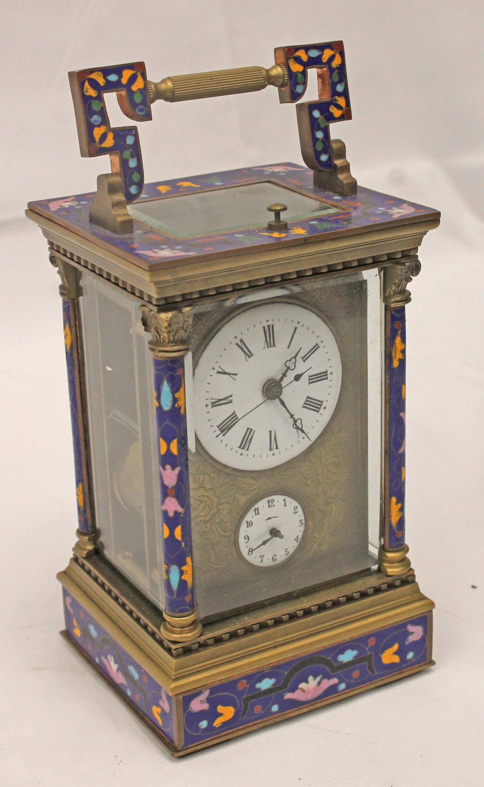 Antique brass, glass & enamel decorated carriage alarm clock - 6 1/2" tall x 3 1/2"x4" (1 of 5)