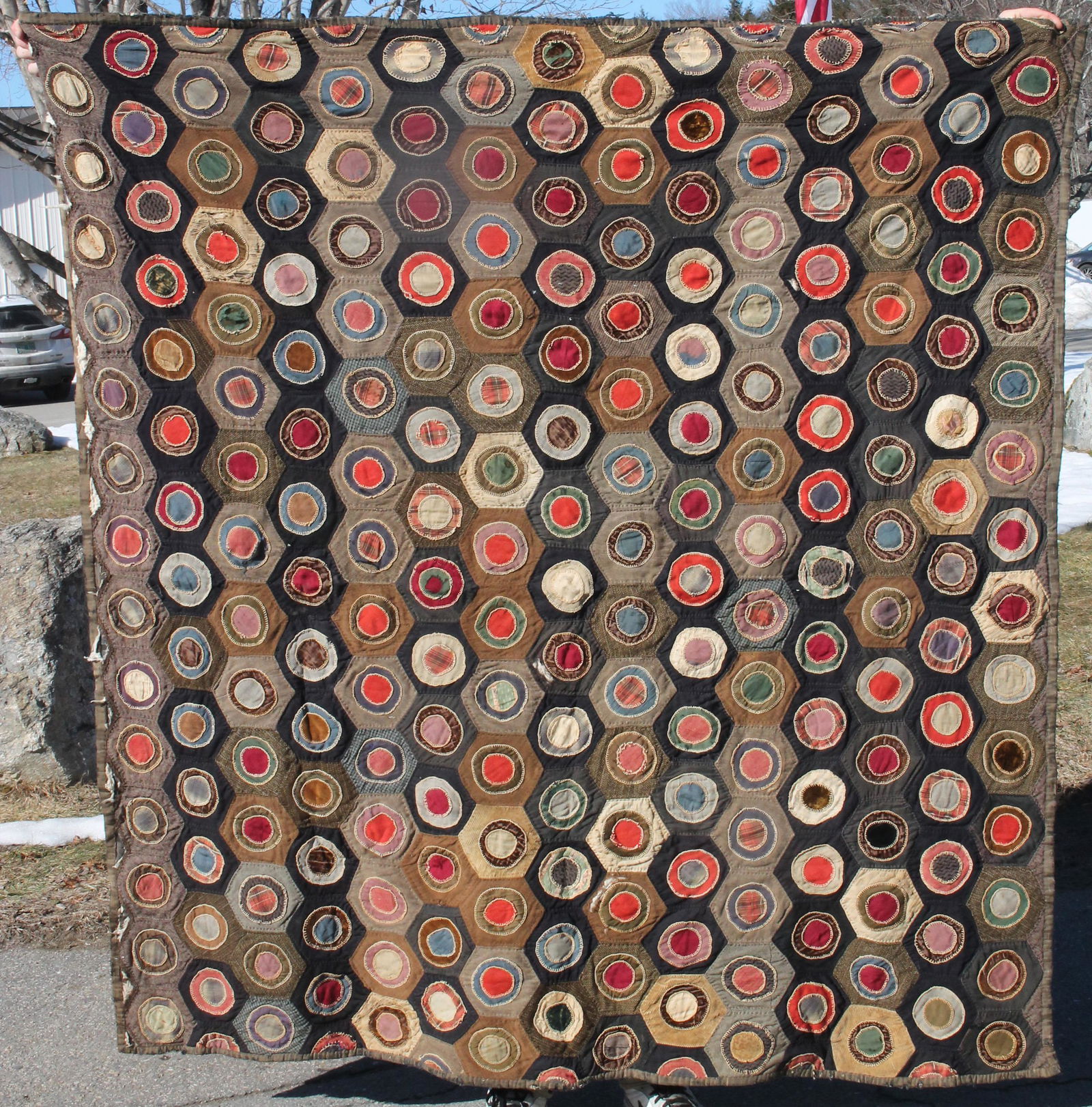Antique crazy quilt w hand sewn applied circle motif - 72"x69" - as found (1 of 6)