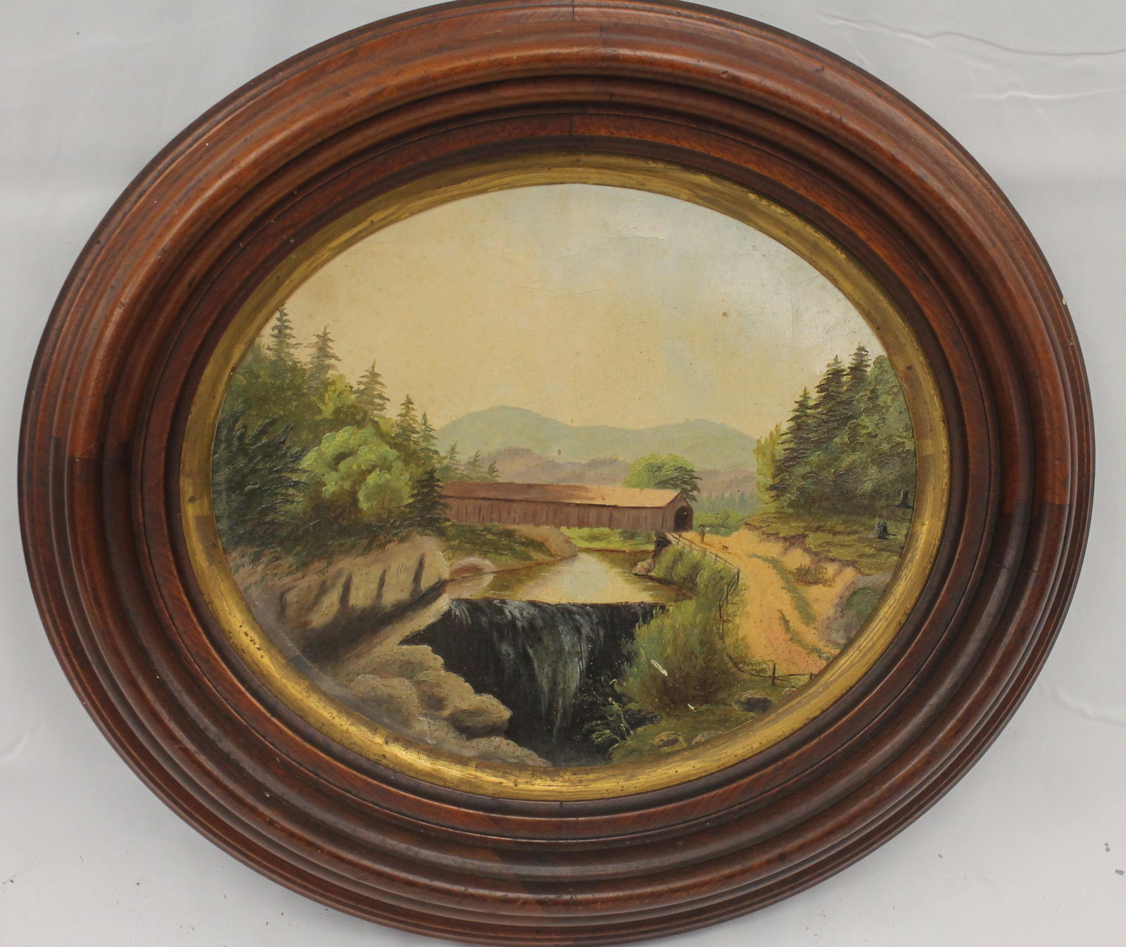 Antique oval o/c from Goodrich Falls, Bartlett, NH - covered bridge over river & waterfall w (1 of 5)