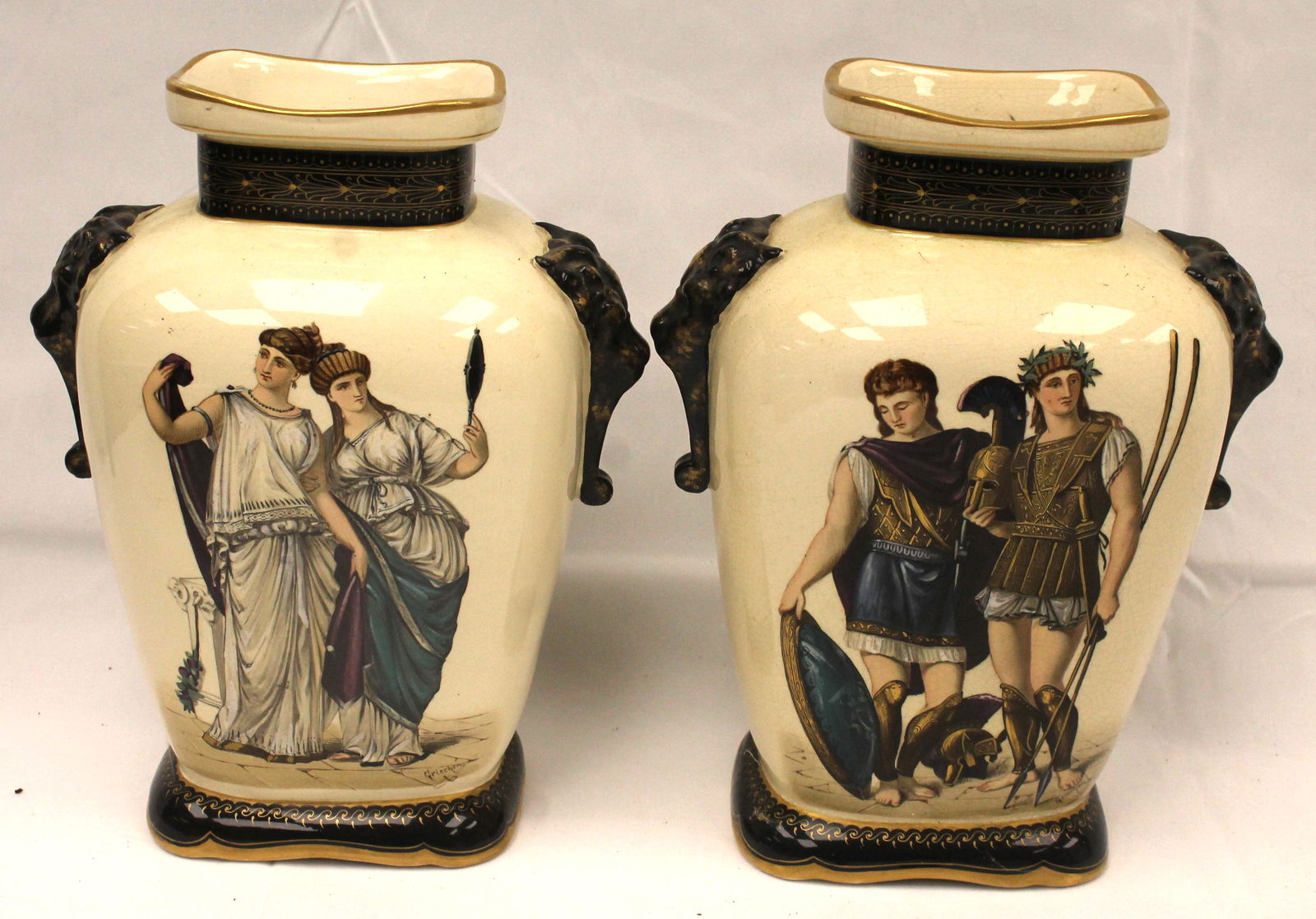 Pr of 19thC porcelain hand painted Wessel portrait vases - artist signed - 10" tall (1 of 7)