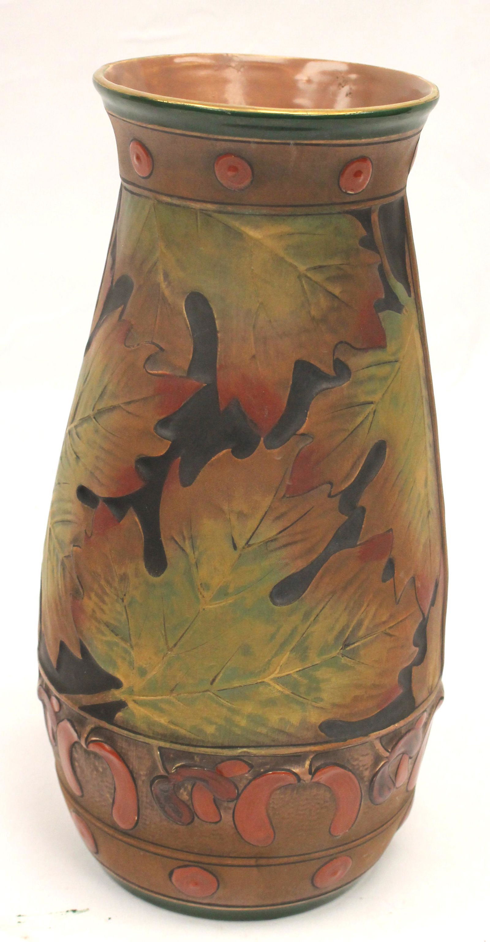 Art Deco pottery vase w leaf decoration - 10 1/2" tall (1 of 3)