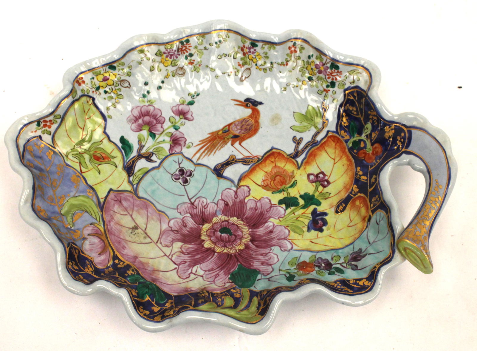 Mottahedeh pottery "Tobacco Leaf" dish w bird of paradise hand painted & enameled dec - 10"x7" (1 of 3)