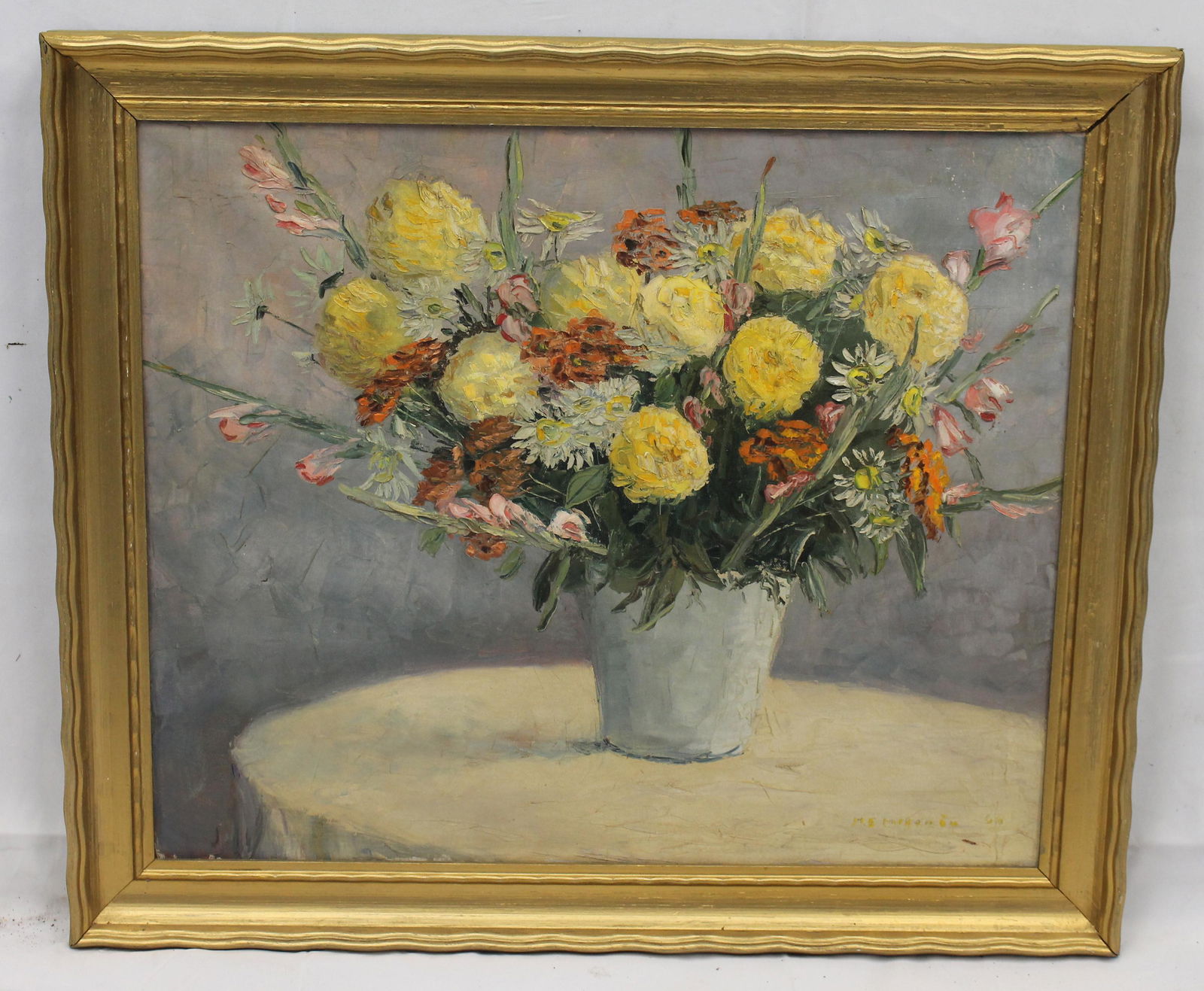 Signed & dated illegibly o/c vase of flowers - overall framed size 24"x27 1/2" (1 of 6)