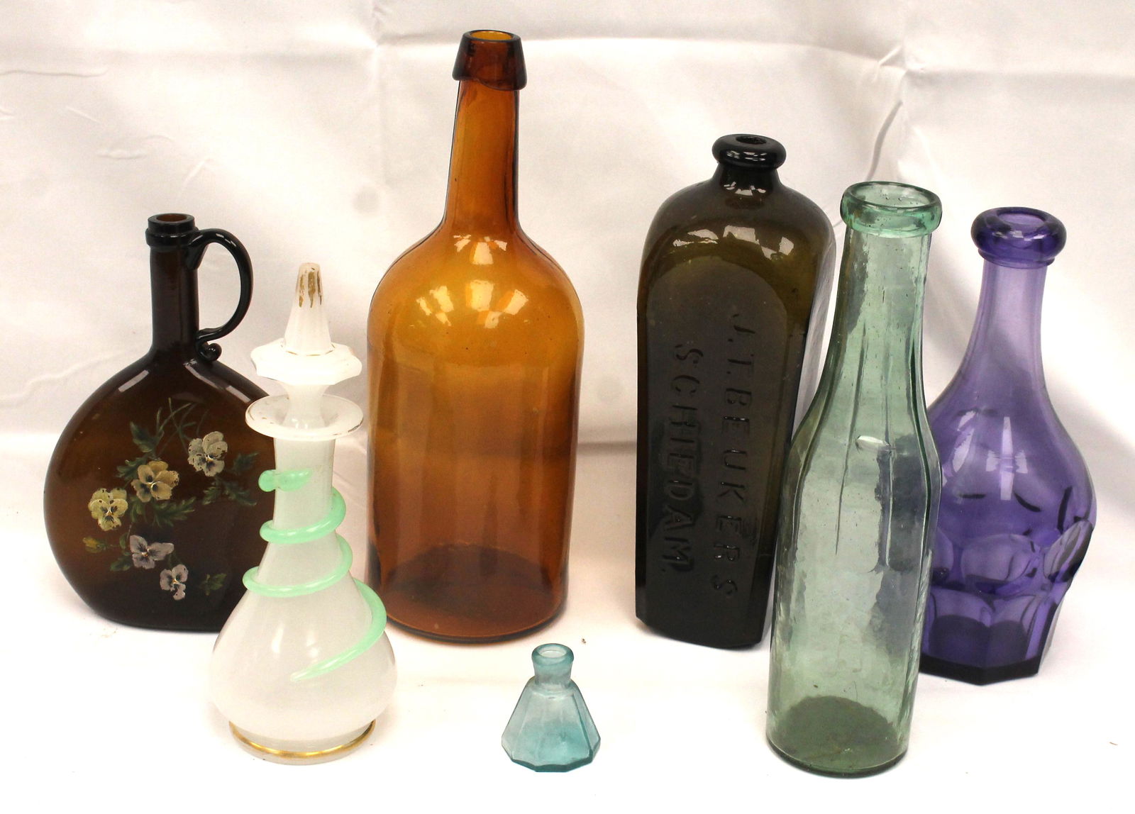 Lot of 7 glass bottles, flask, decanter & ink in various colors - smallest is 2 1/4" & tallest is (1 of 8)