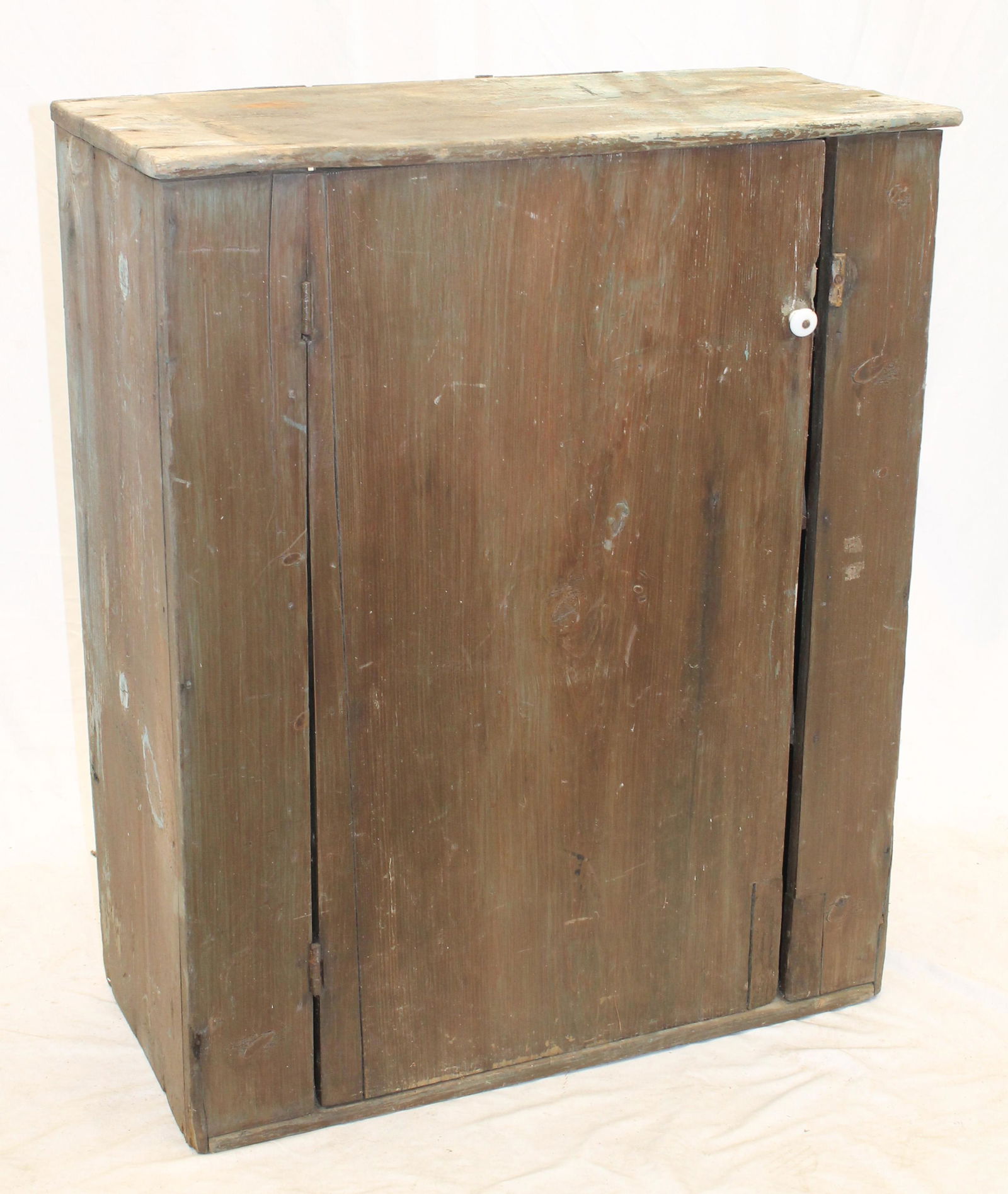 Antique 1 door hanging cupboard w 3 shelf interior in brown over blue/gray paint - 37" tall x 31" (1 of 4)