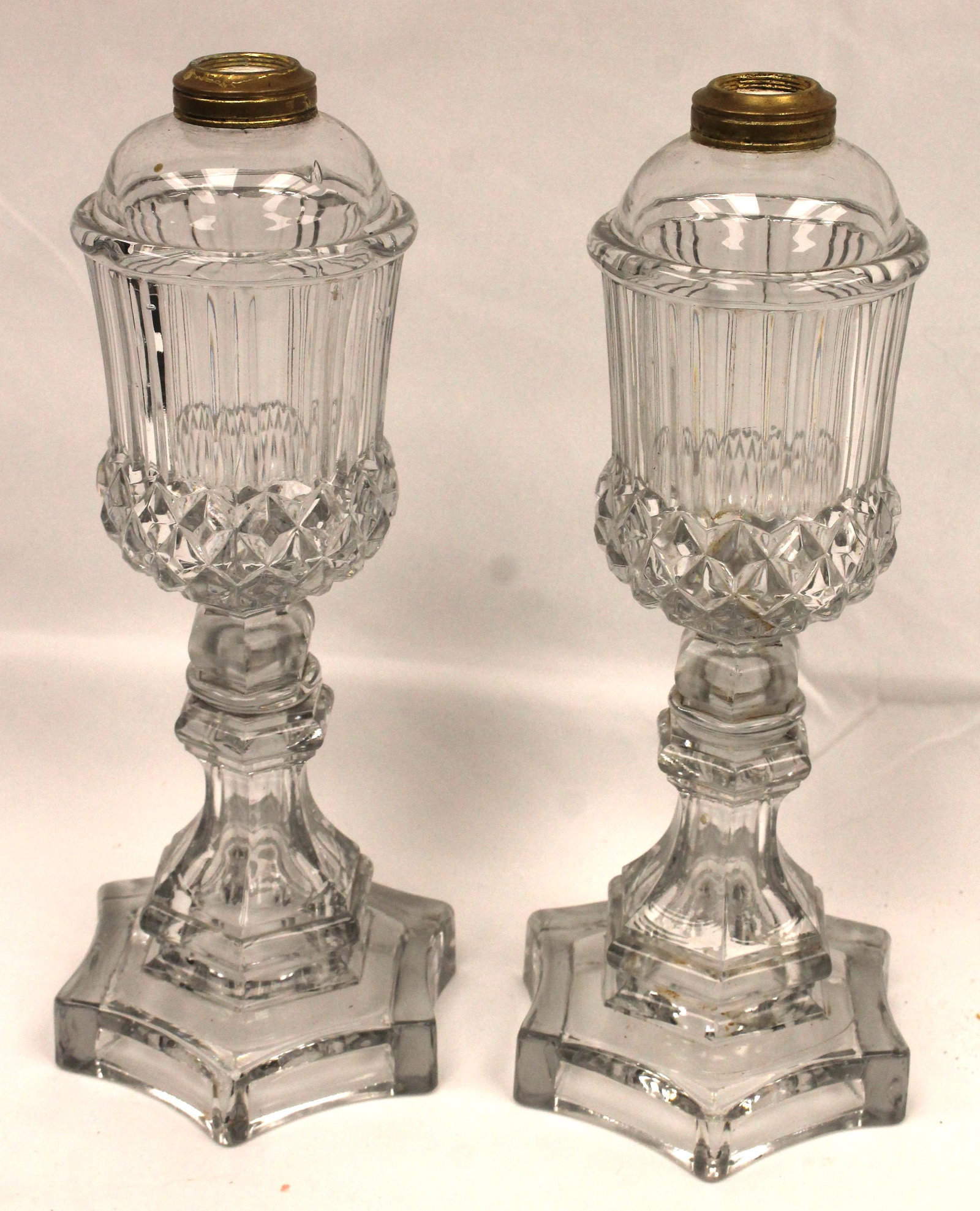 Pr of clear glass antique whale oil lamps - 11" tall: Pr of clear glass antique whale oil lamps - 11" tall