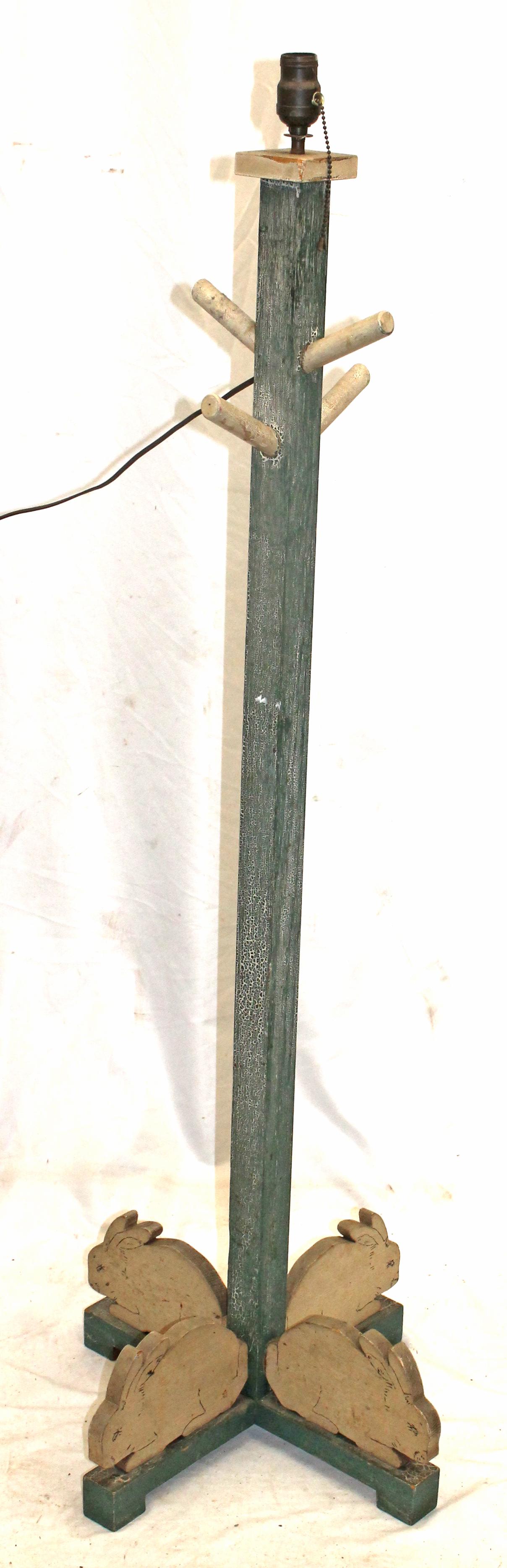 Carved wooden & painted floor lamp/coat rack w bunnies on the feet - 54" tall (1 of 3)