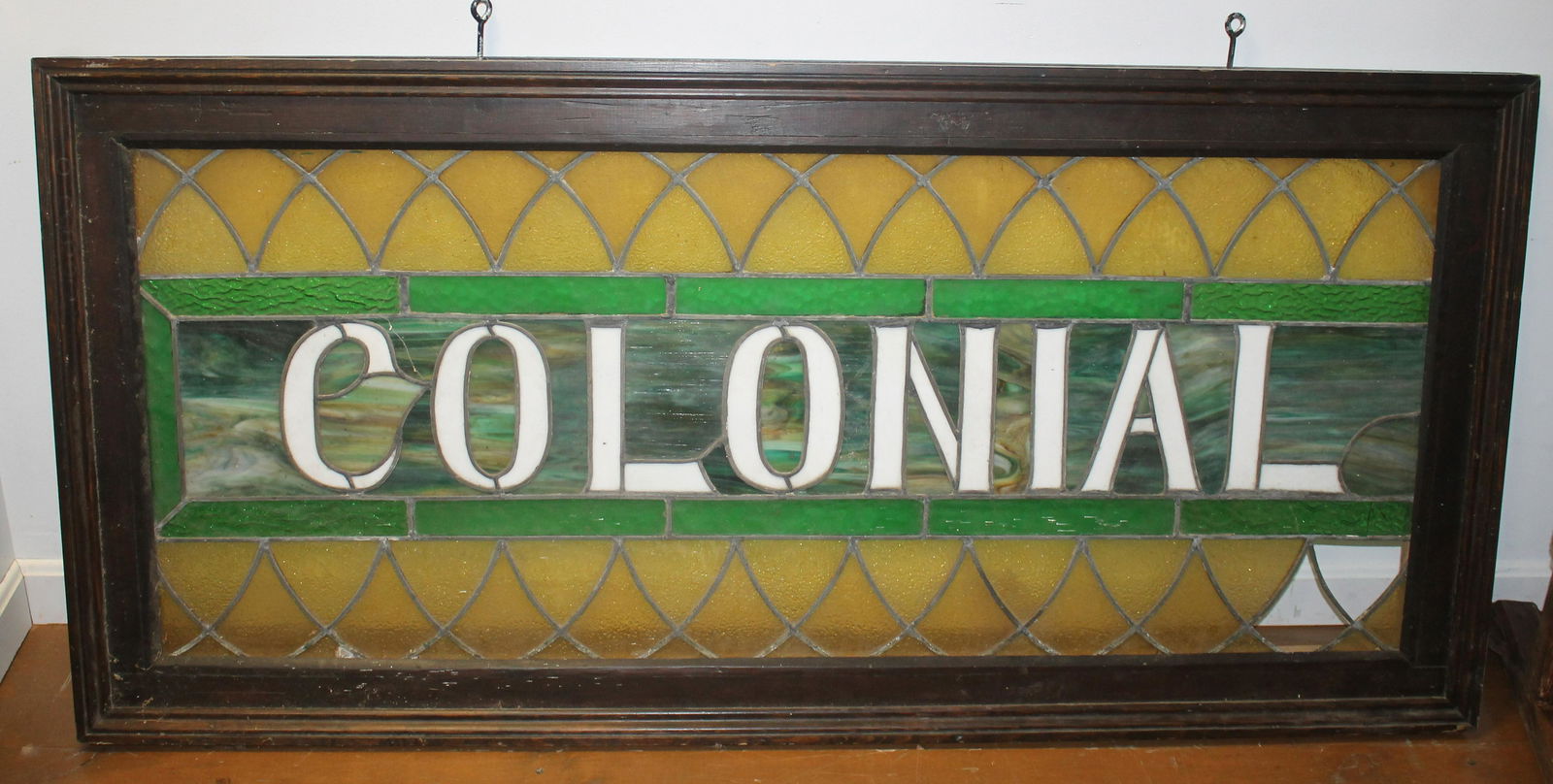Antique large leaded & stained glass window "Colonial" - oral history states it came from the (1 of 3)