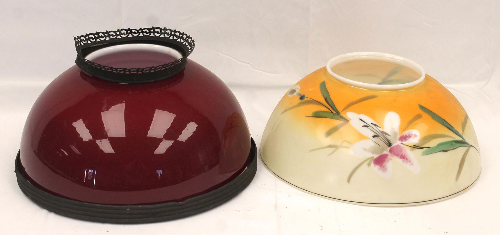 2 glass lamp shades incl red cased glass country store hanging example plus a hand painted floral (1 of 3)