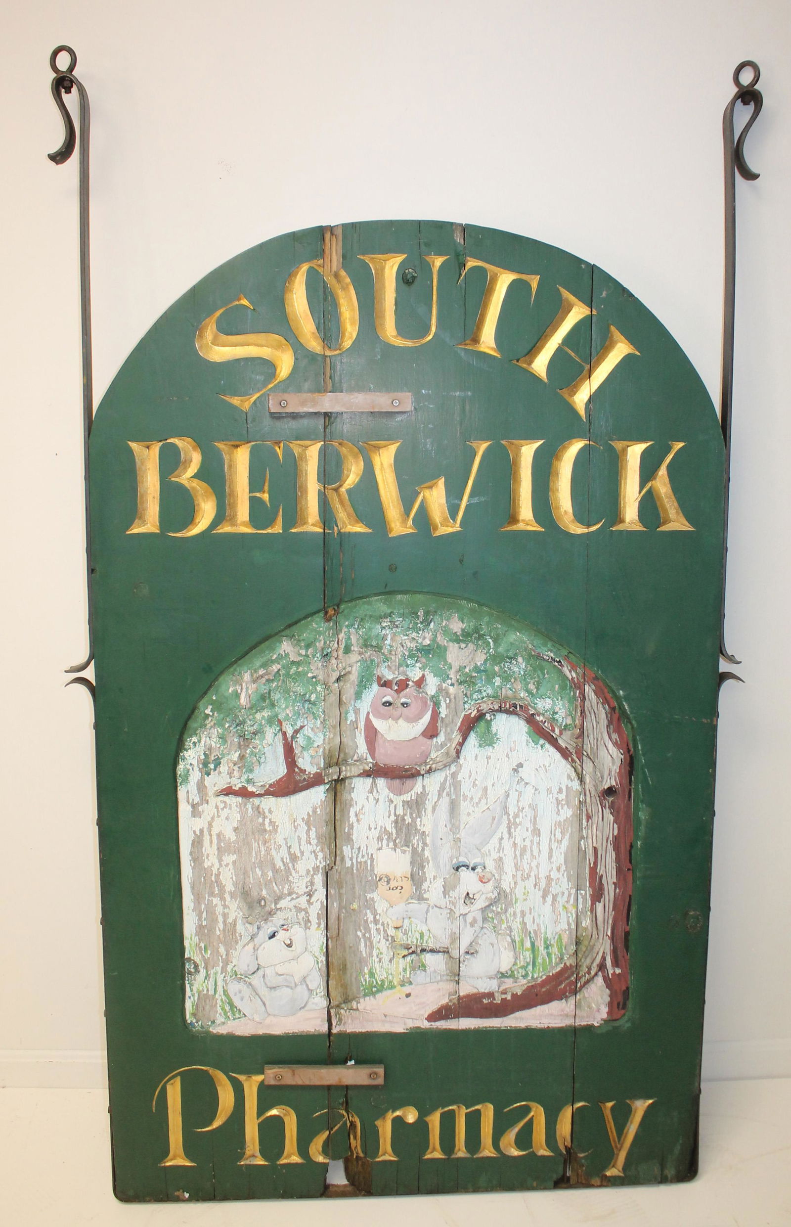 Large carved wooden painted double sided trade sign "South Berwick Pharmacy" w owl in tree & bunny (1 of 9)