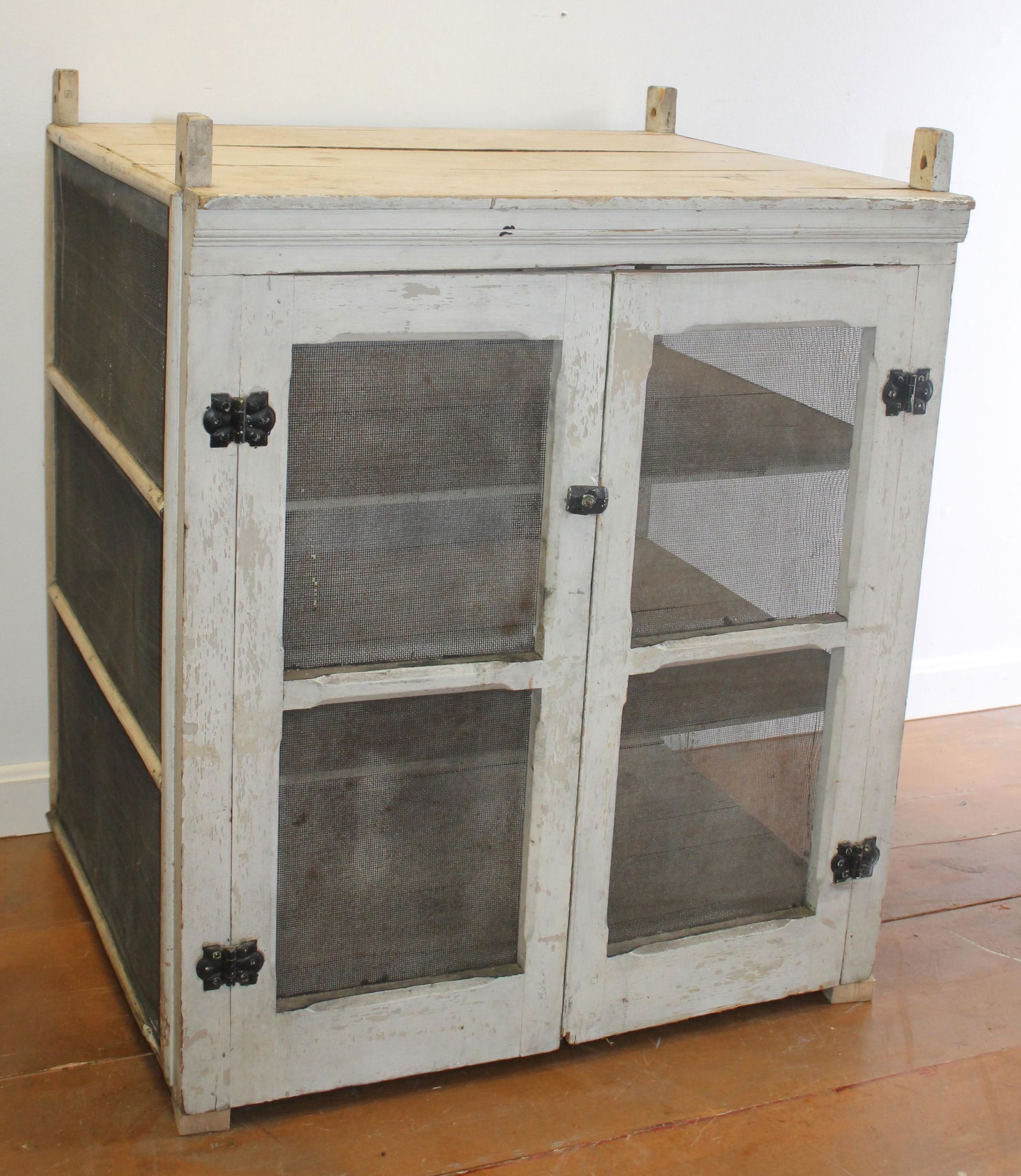 Antique hanging country store 2 door pie safe in white paint - 34" tall x 29 1/2" wide x 26" deep (1 of 3)