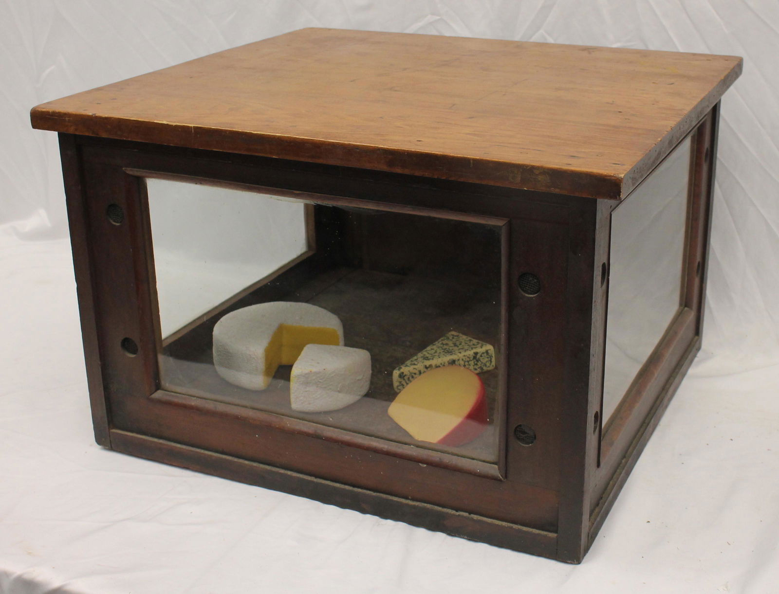 Antique wooden & glass cheese safe w slide out tray & 1879 patent date on bottom - 15 1/4" tall x (1 of 7)
