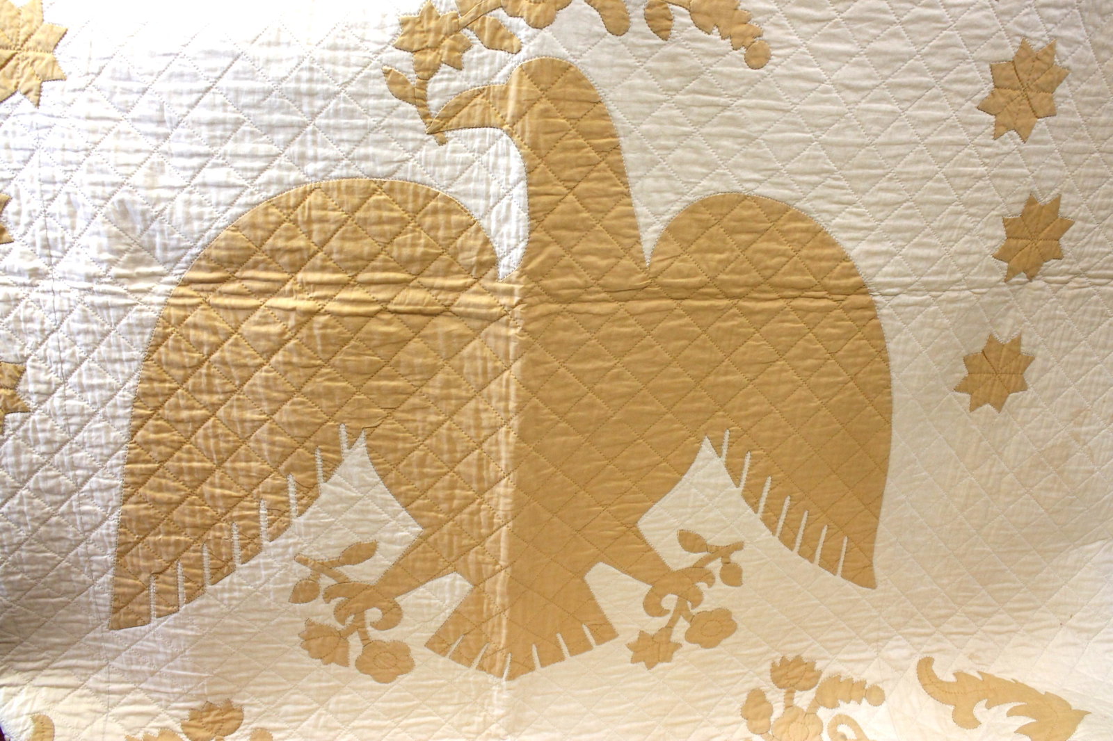 Centennial Quilt, Mustard Yellow & White Applique with Eagle Stars & Swags, All Hand stitched,94" x: Centennial Quilt, Mustard Yellow & White Applique with Eagle Stars & Swags, All Hand stitched,94" x 80" - very good condition, with minor stain
