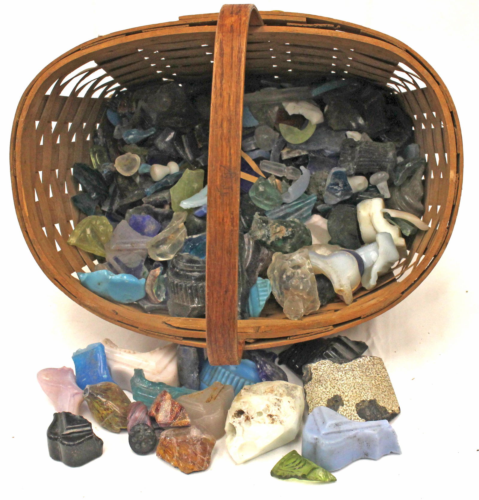 Fixed handled basket filled with shards of Sandwich glass in various colors - basket is 14" tall to (1 of 3)