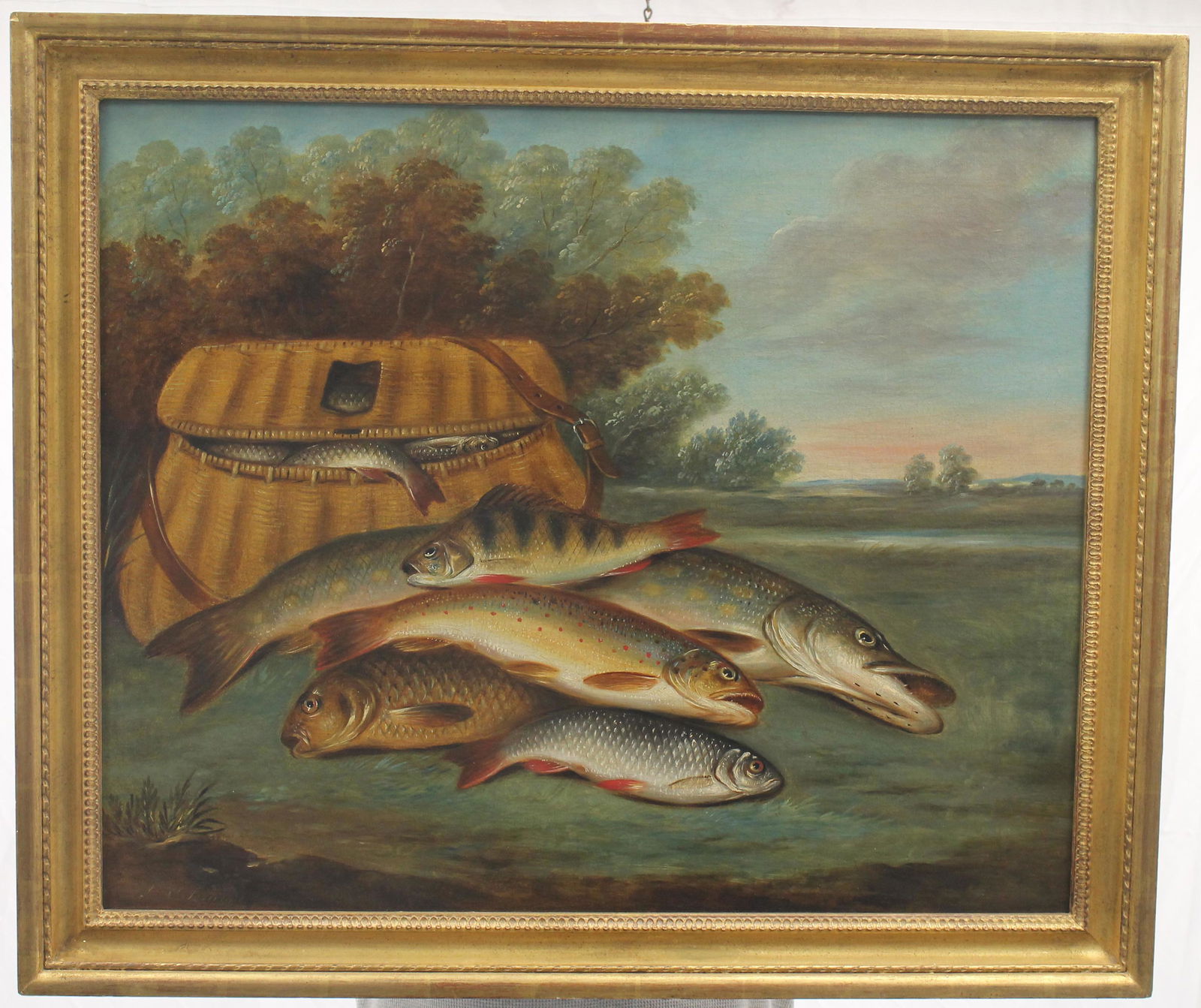 Sgnd Coleman o/c of fishing creel overflowing w fish in landscape - overall framed size 29"x34" (1 of 12)