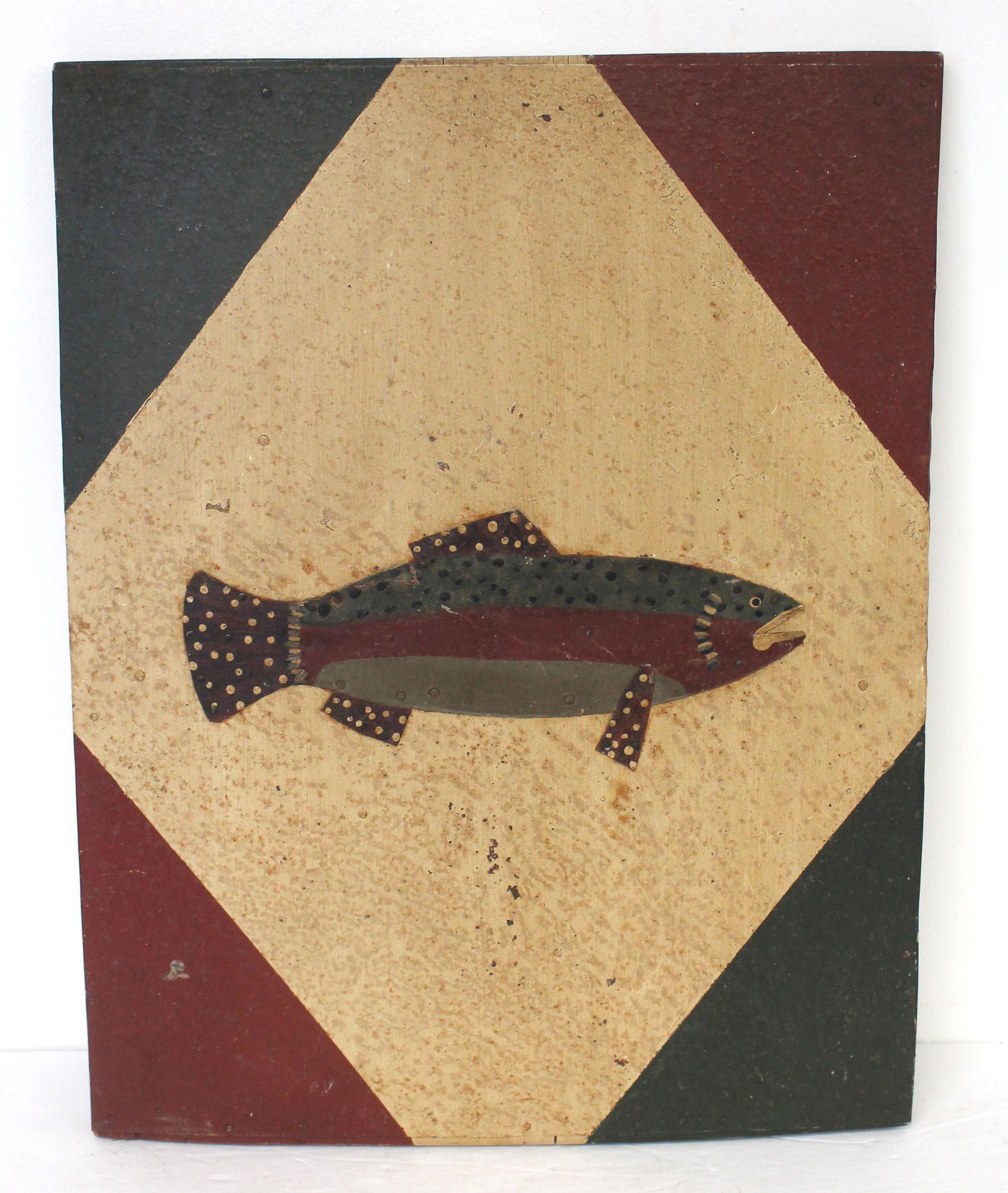 Carved wooden & painted board w tin painted mounted fish motif - 22 1/2"x17 3/4" (1 of 4)
