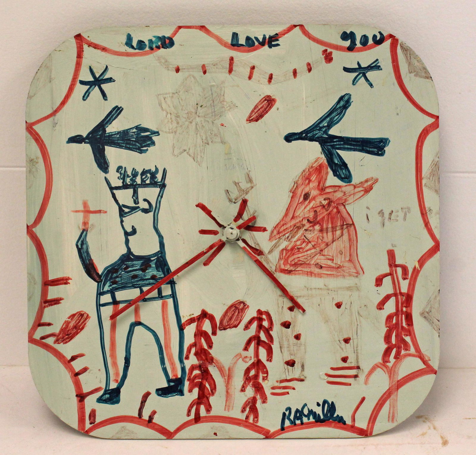 Outsider Art painted clock sgnd RA Miller - 12" (1 of 6)