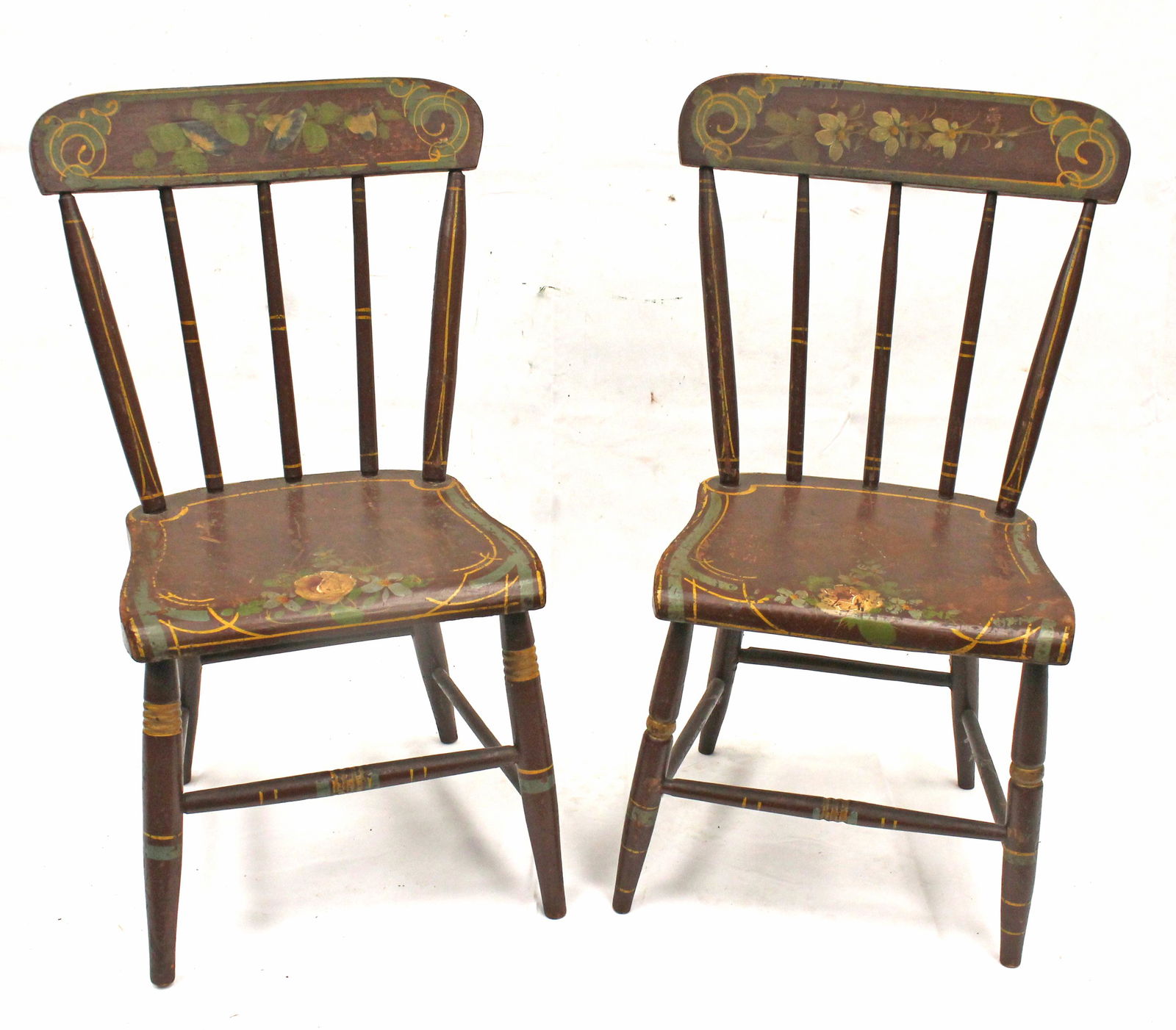Pr of paint decorated child's Windsor sidechairs in brown paint w green & gold decoration - 25" tall (1 of 6)